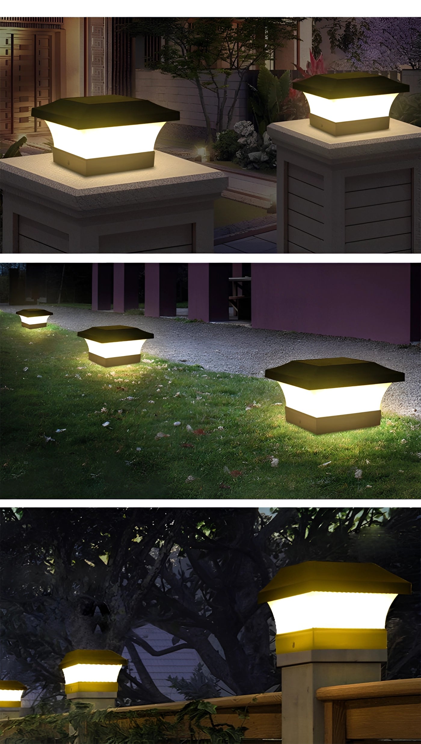 Eco-friendly LED solar post cap light mounted on a black post in an outdoor setting surrounded by greenery and plants, illuminating the area with soft light at dusk.