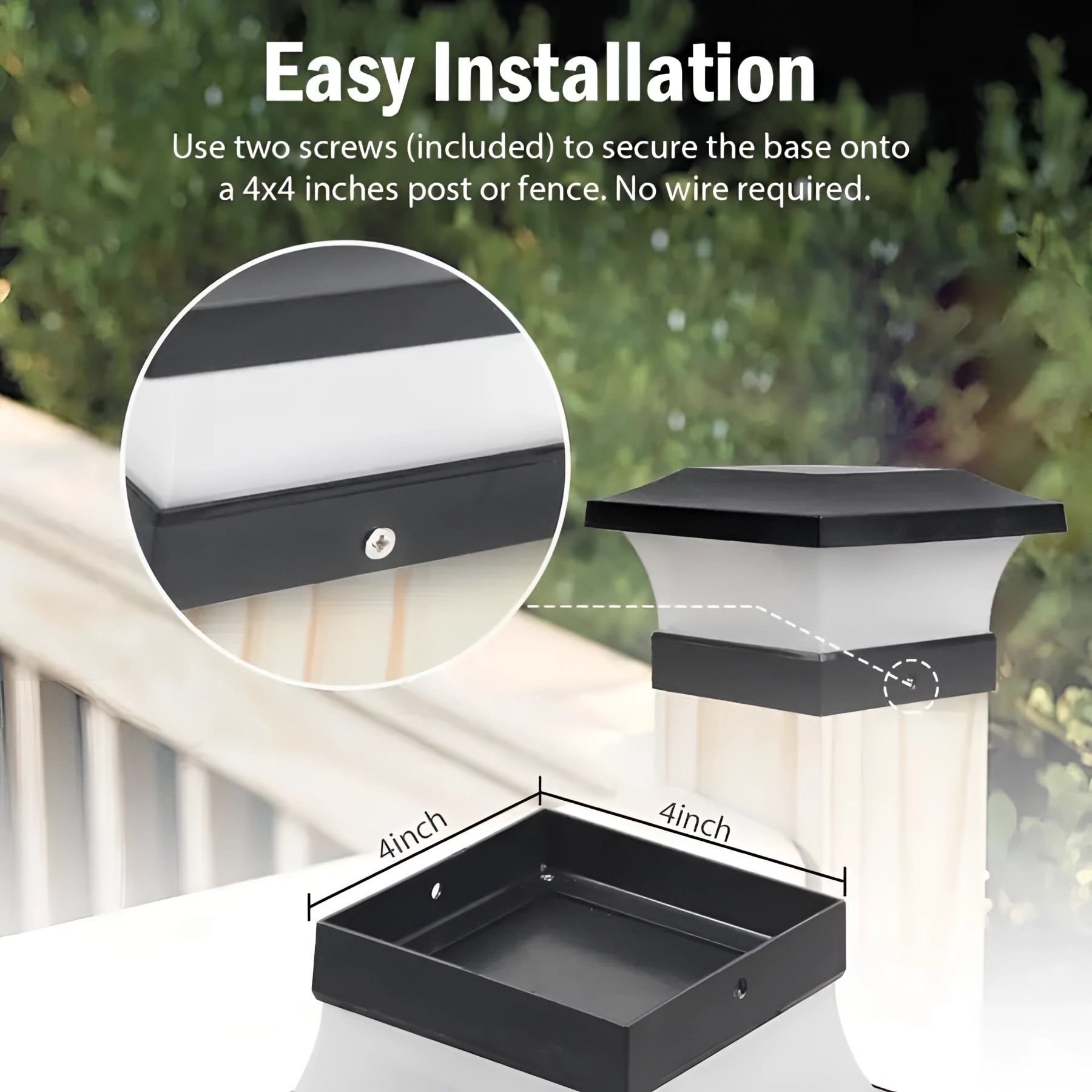 Eco-Friendly LED Solar Post Cap Light installed on an outdoor post with a glowing lantern illuminating the area at dusk, surrounded by plants.