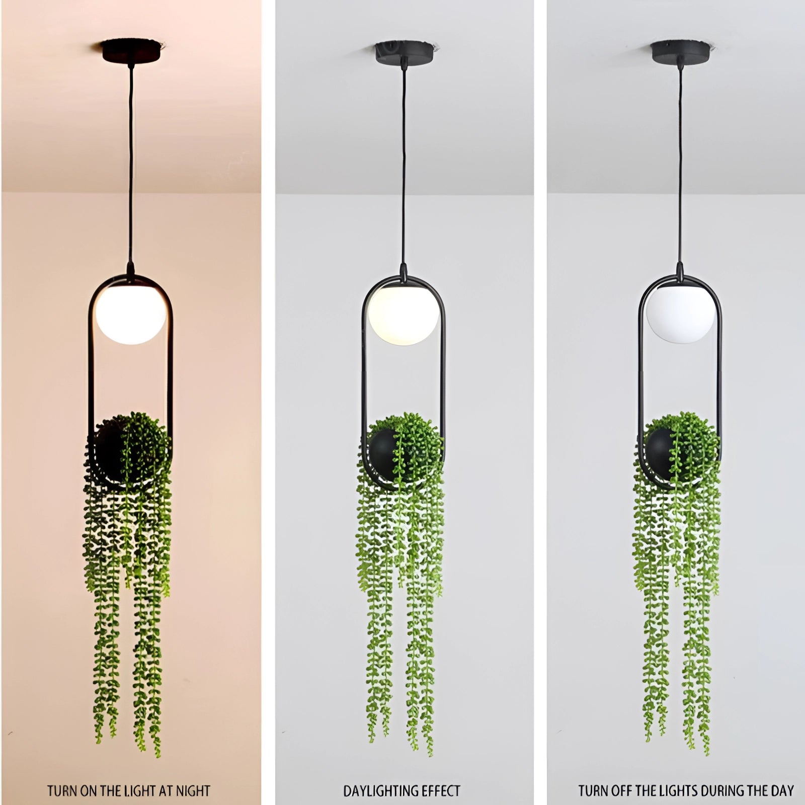 Eco-Friendly Scandinavian Plant Pendant Light Fixture with a design featuring a rectangular structure incorporating terrestrial plants and grass elements.