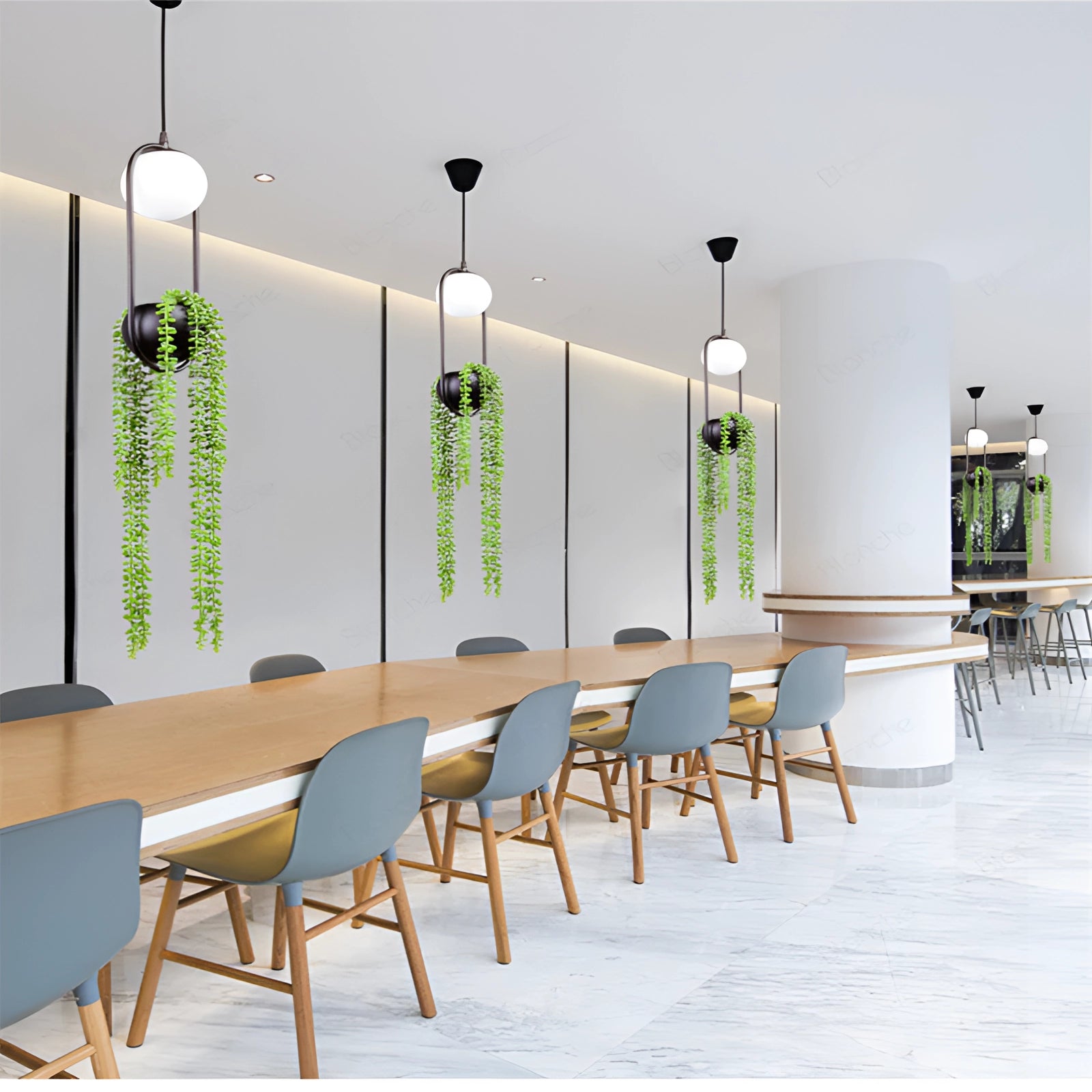 Eco-friendly Scandinavian plant pendant light fixture hanging in a stylishly decorated room with wooden furniture and flooring, surrounded by modern interior design elements.