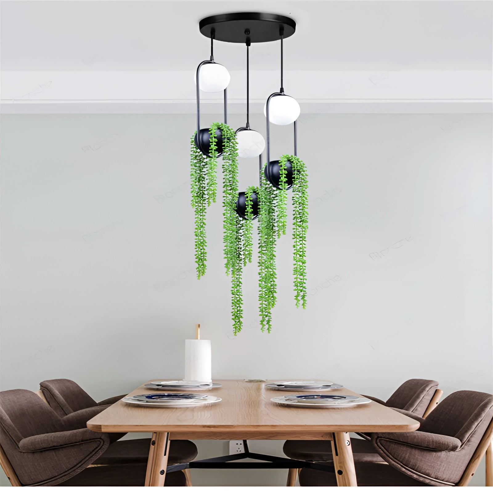 Eco-friendly Scandinavian plant pendant light fixture with a sleek wooden design, showcasing contemporary lighting ideal for modern interior spaces.