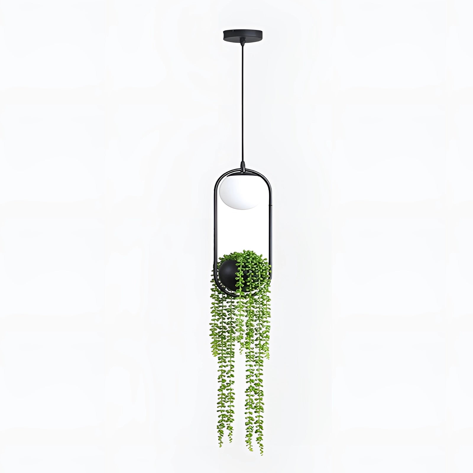 Eco-friendly Scandinavian pendant light fixture featuring a rectangular frame adorned with an artificial terrestrial plant, combining modern design with nature-inspired aesthetics.
