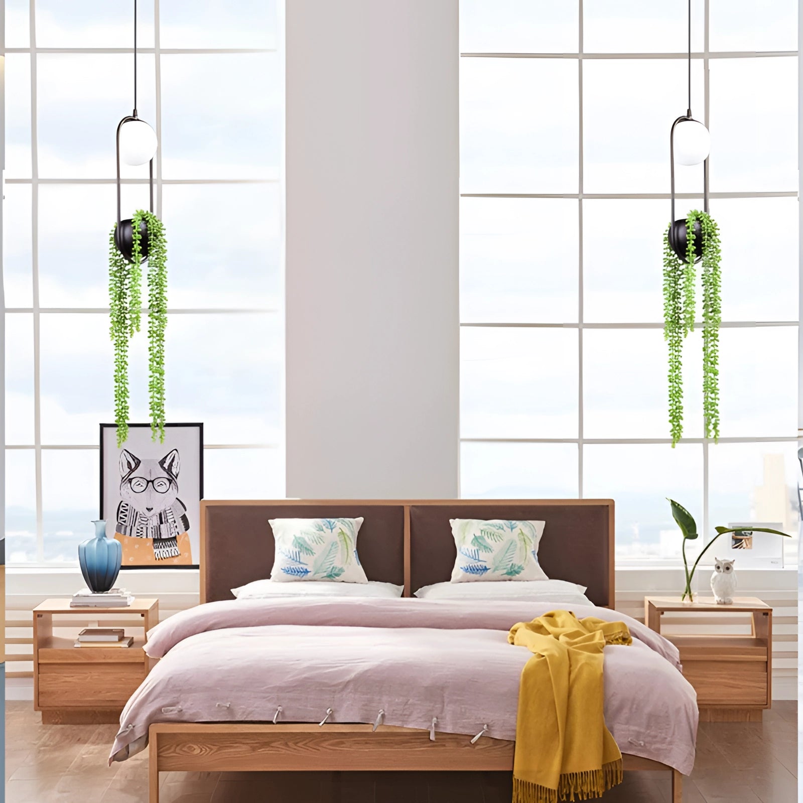 Eco-friendly Scandinavian plant pendant light fixture with a natural wood finish, hanging in a modern interior space with large windows and comfortable furnishings.
