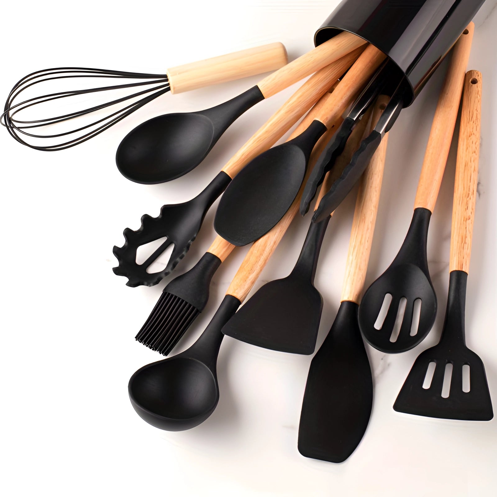 Eco-Friendly Silicone Kitchenware Set with Bamboo Handles