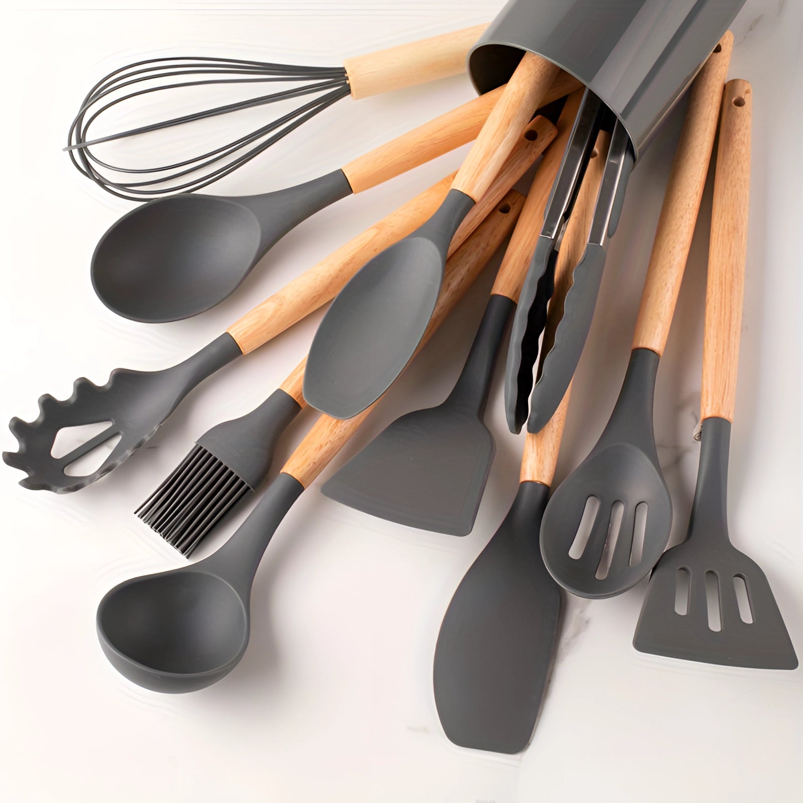 Eco-Friendly Silicone Kitchenware Set with Bamboo Handles