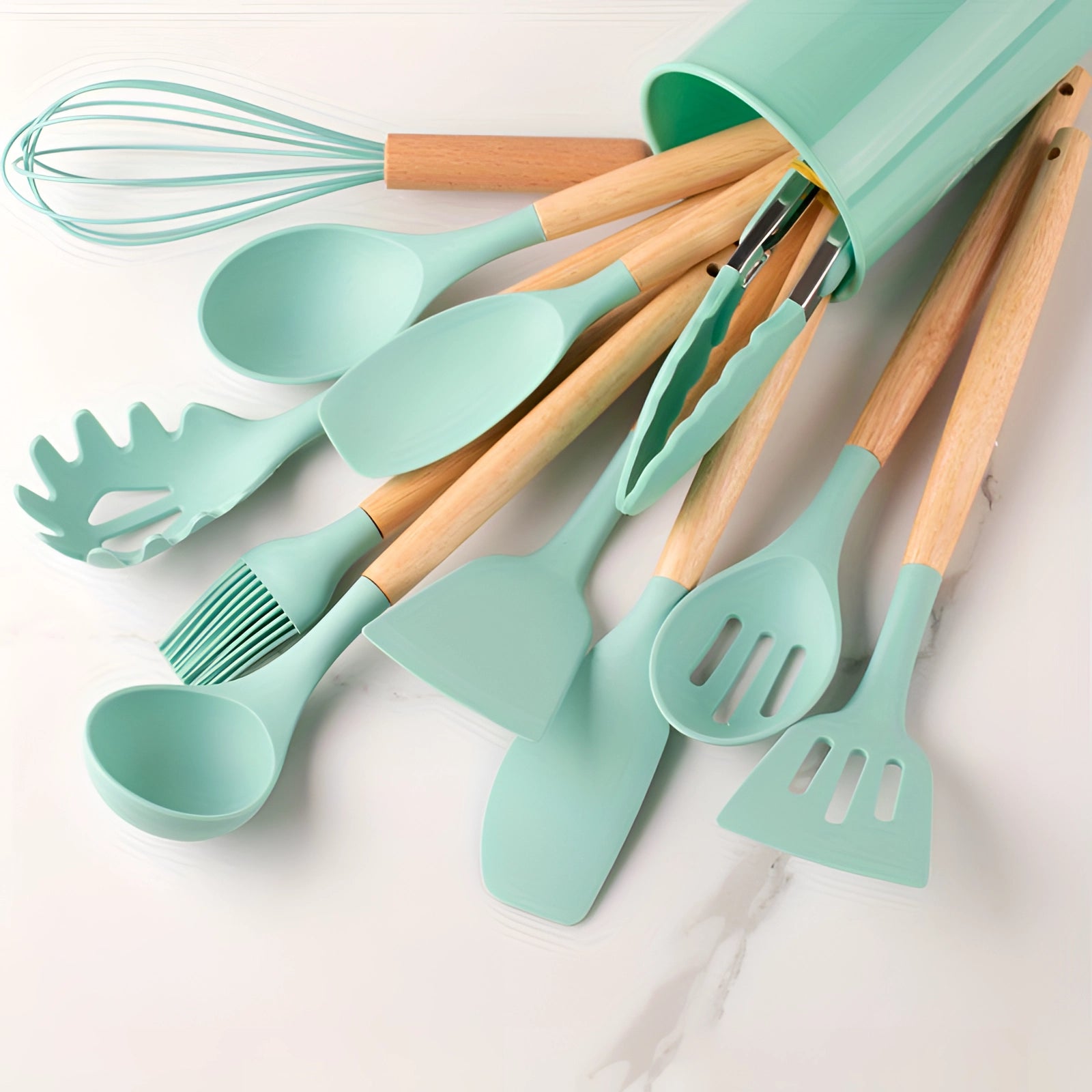 Eco-Friendly Silicone Kitchenware Set with Bamboo Handles