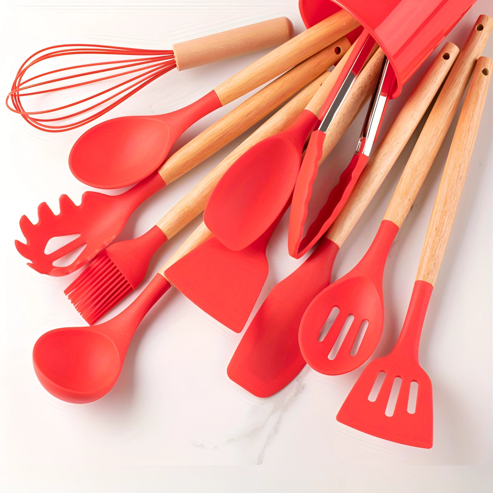 Eco-Friendly Silicone Kitchenware Set with Bamboo Handles