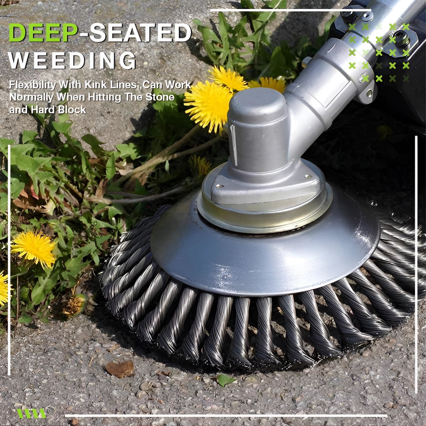 Efficient flexible weeding brush being used on stone pavements, surrounded by grass and groundcover plants, with a visible wheel in the background.