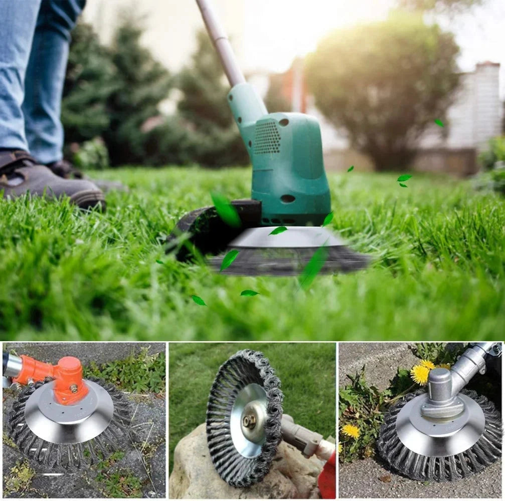 Efficient flexible weeding brush shown removing weeds from between paving stones with a lush green lawn in the background.