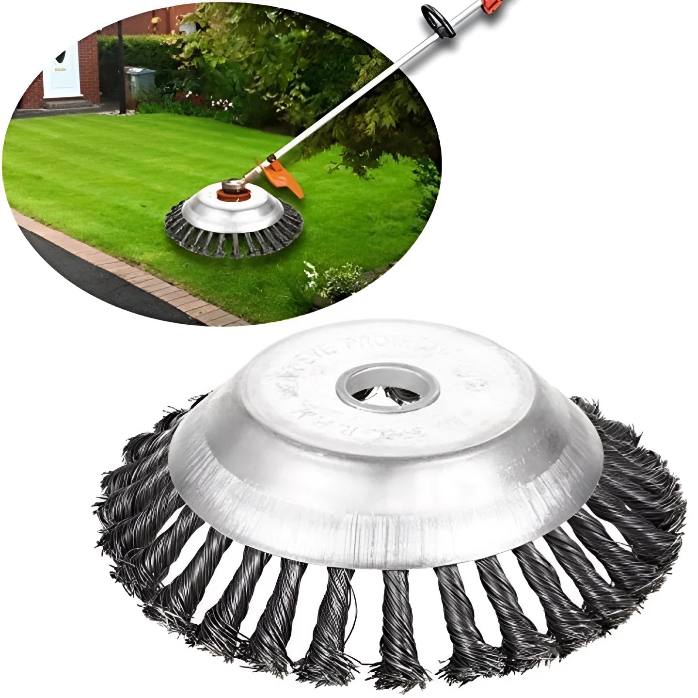 Efficient flexible weeding brush featuring a stone-safe hard block design, ideal for removing weeds from garden landscapes, displayed on a circular base.