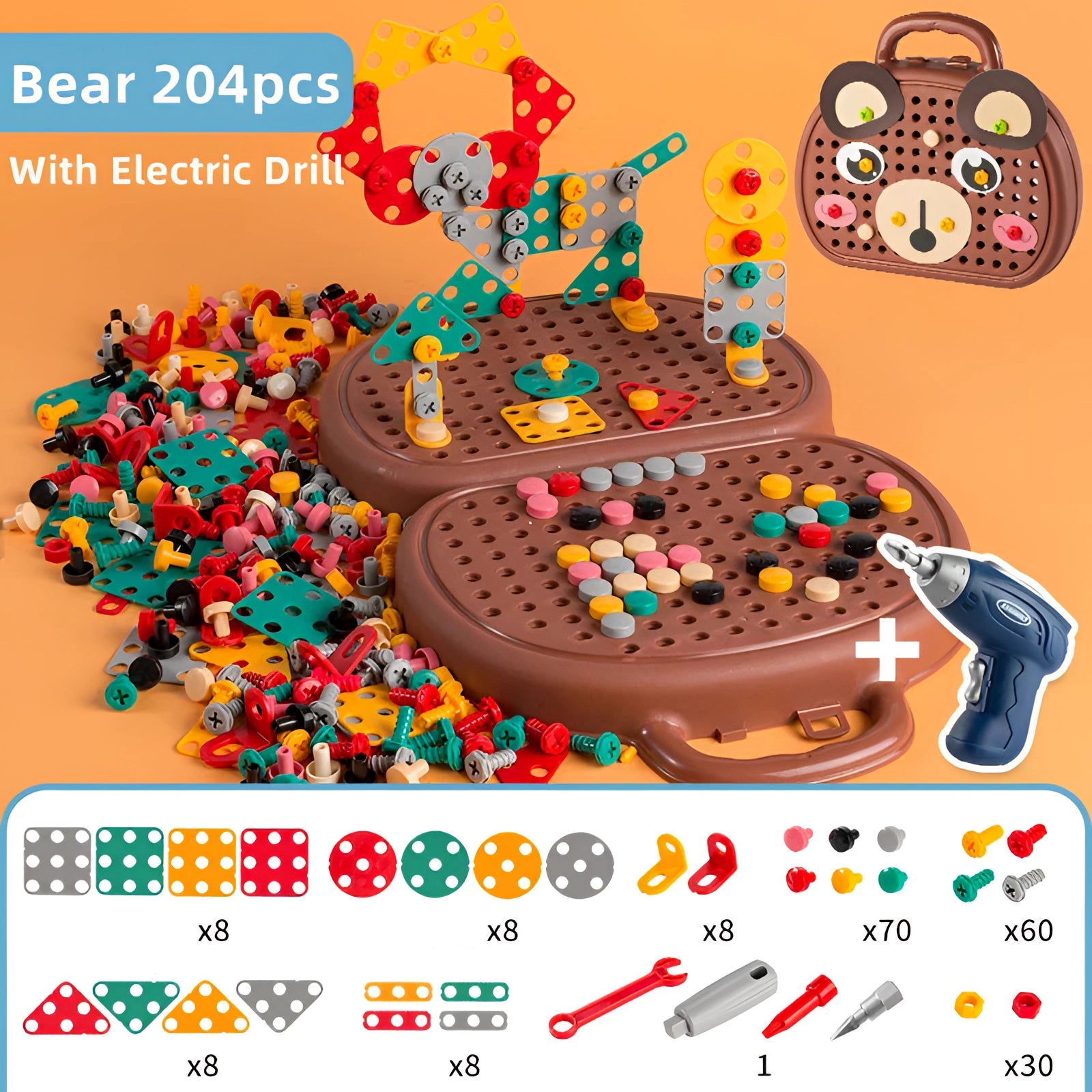 A colorful 204-piece electric drill toy set designed for children, featuring various construction tools and accessories to encourage STEM learning and imaginative play.