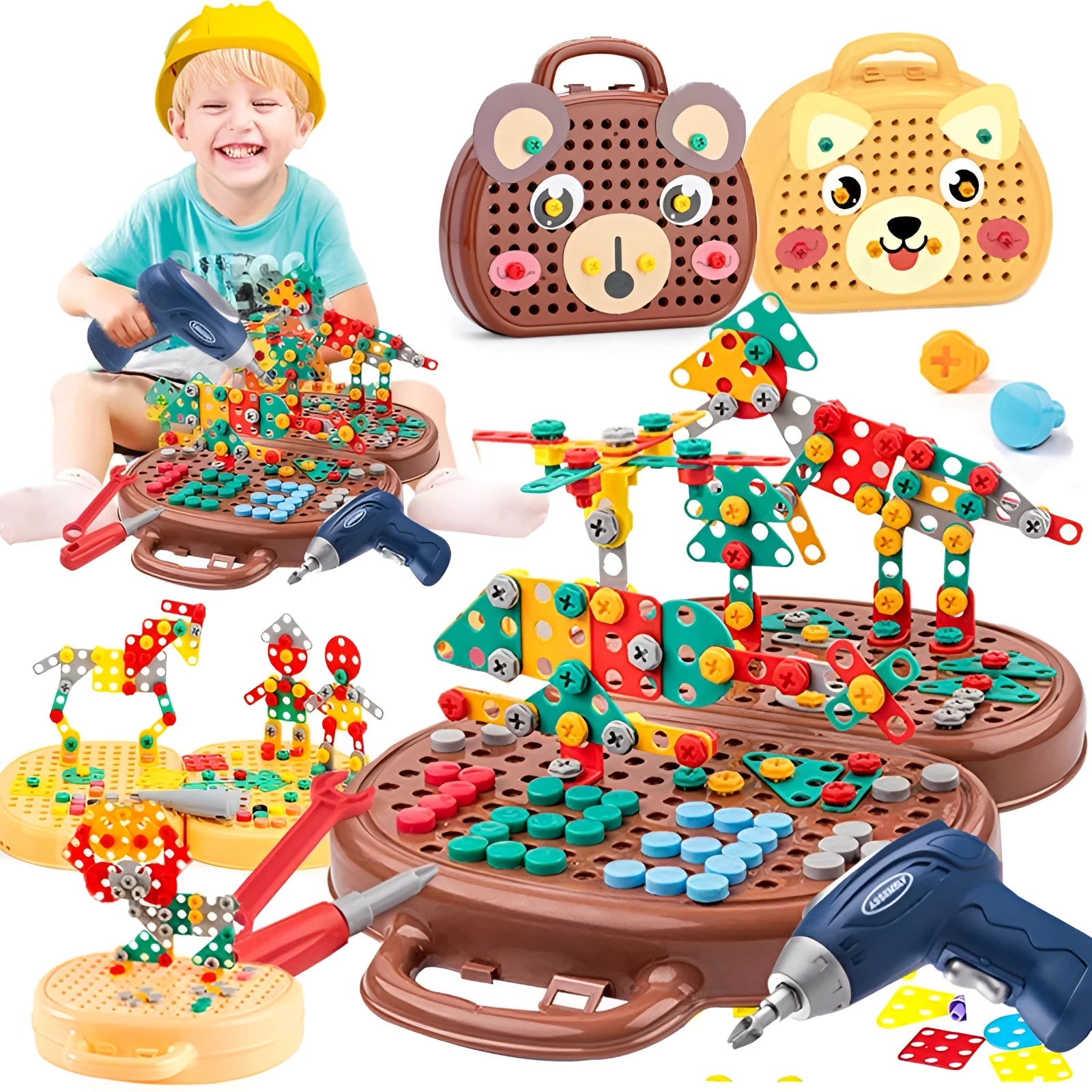 Children playing with a 204-piece electric drill toy set, featuring yellow plastic pieces, at a party event with balloons in the background.