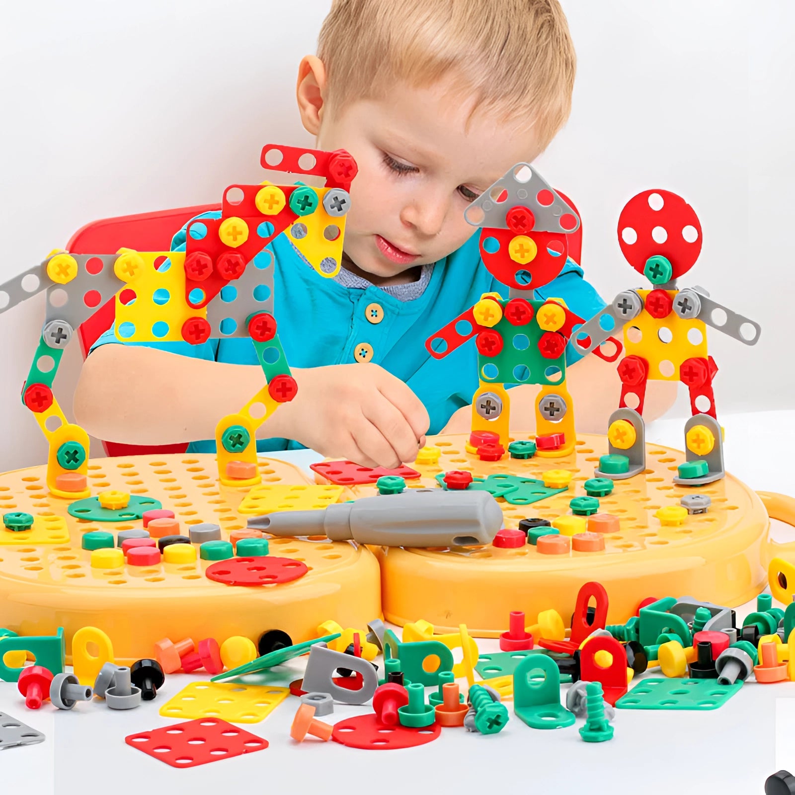 Electric Drill Toy Set with 204 colorful pieces designed for STEM construction play, ideal for children and enhancing their creativity and engineering skills.