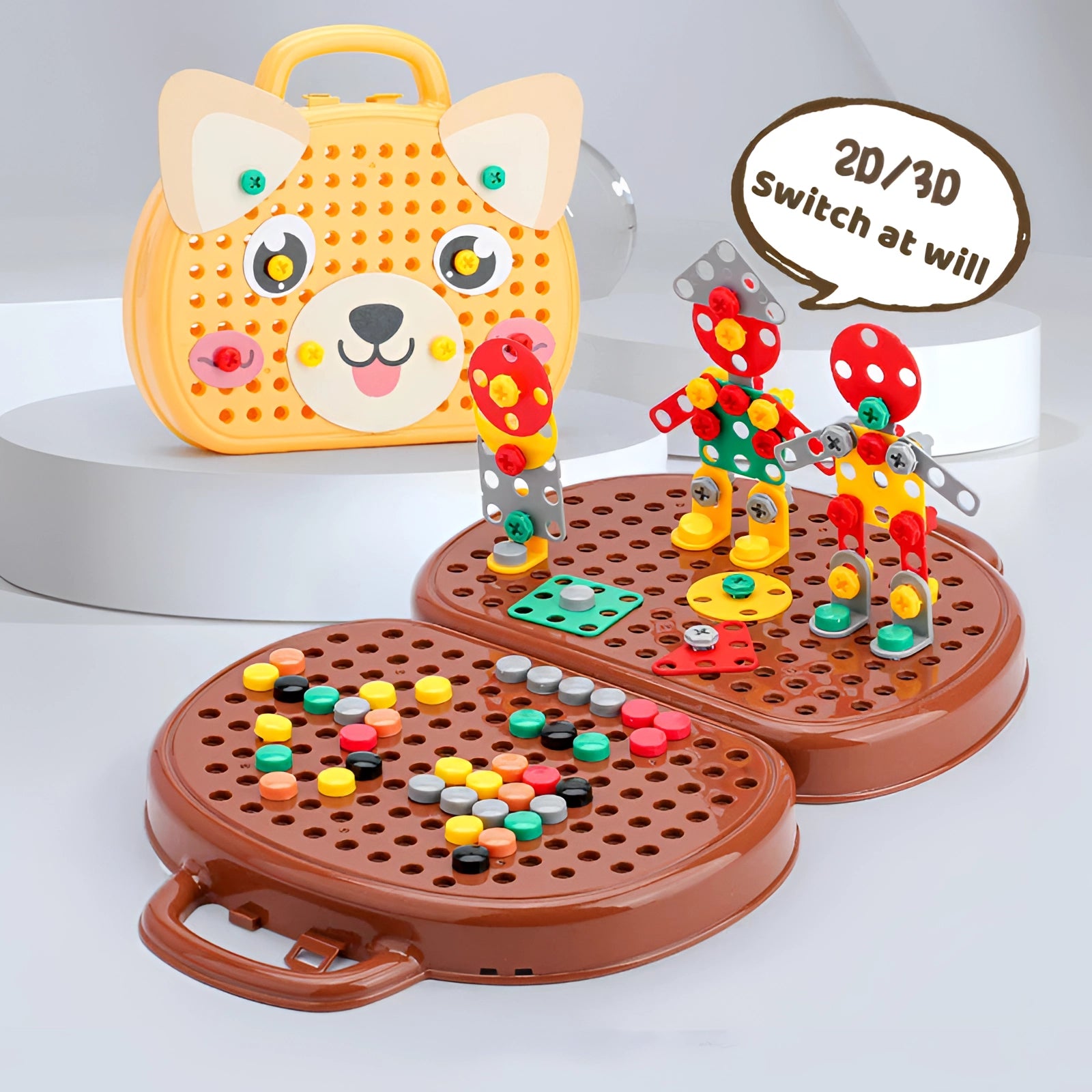 A colorful electric drill toy set for kids featuring 204 pieces, designed for STEM construction play and learning.