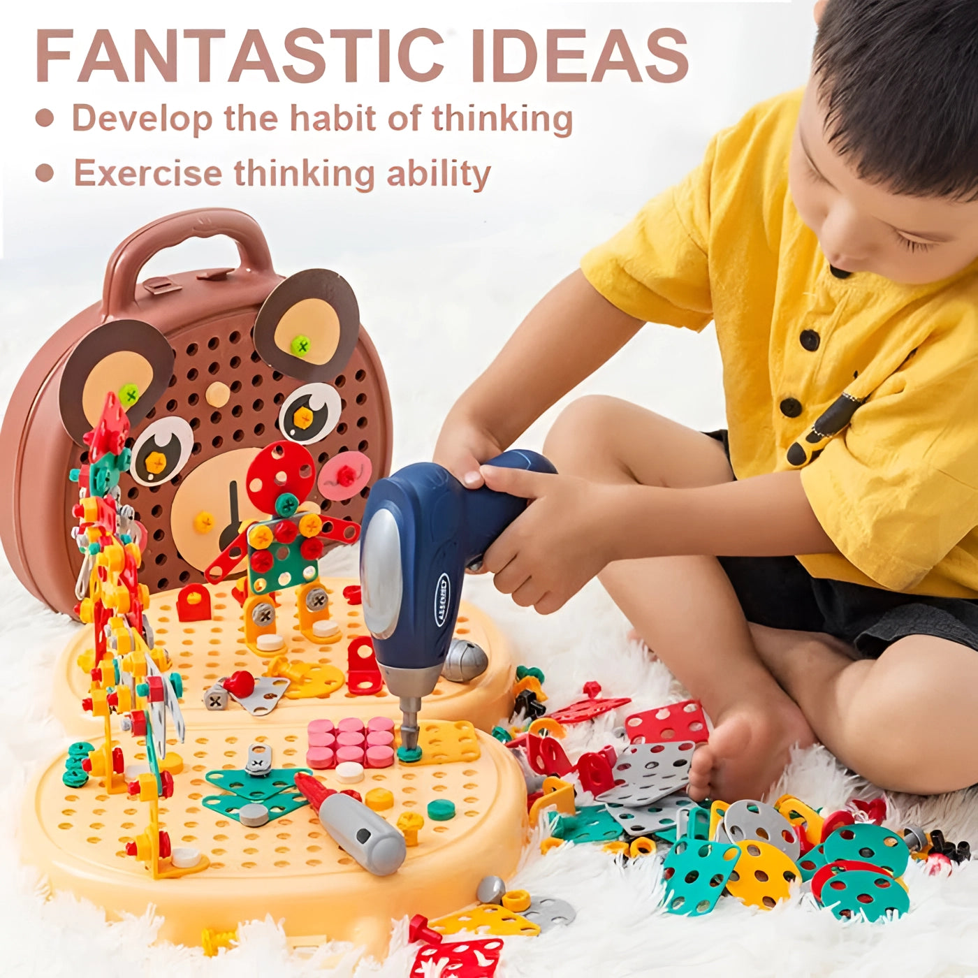 A colorful 204-piece electric drill toy set designed for kids, featuring various construction parts and tools for creative STEM play.