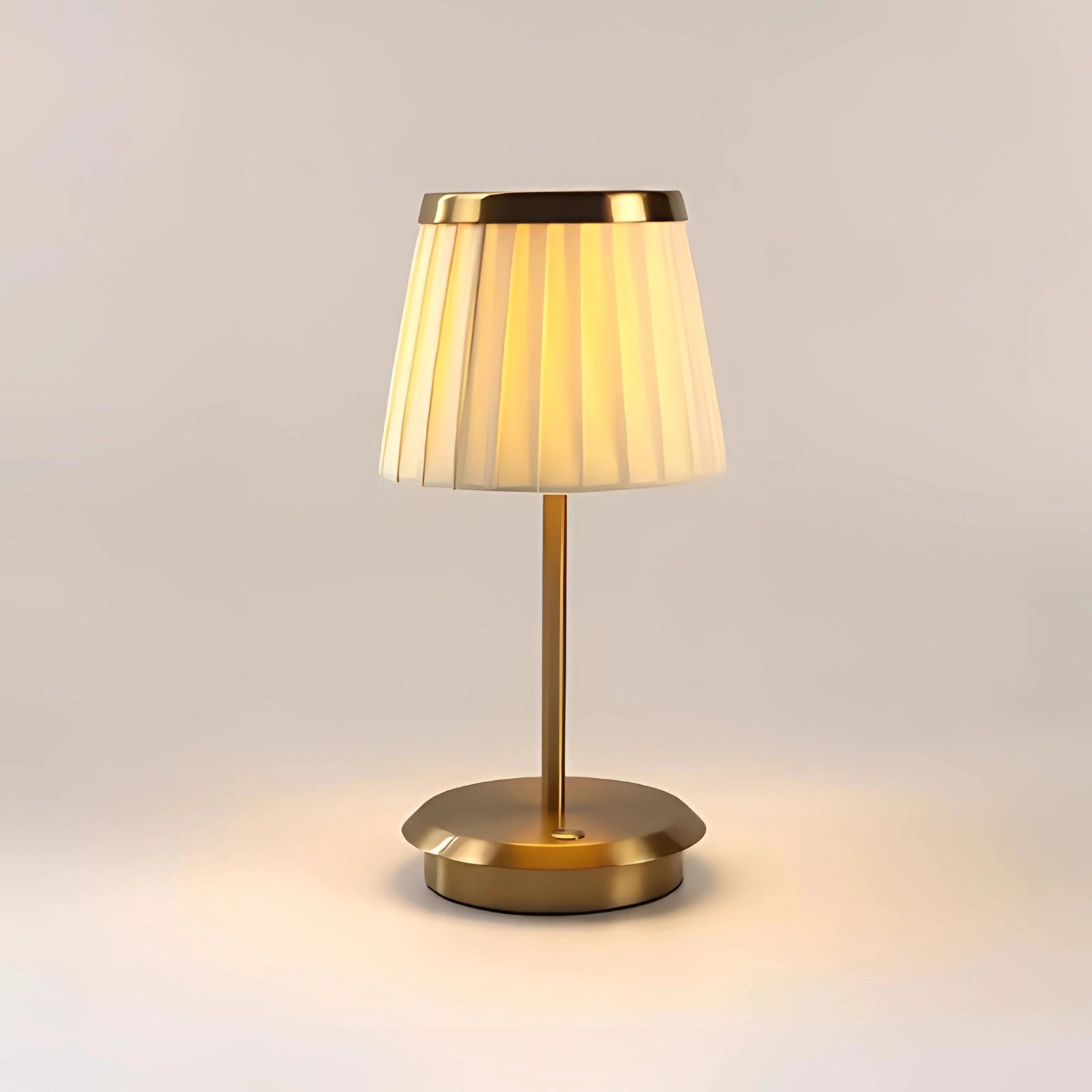 Elegant cordless LED outdoor lamp with a sleek design, featuring a waterproof and rechargeable build, set against a wooden and metal frame with a soft light emitting from the lampshade.