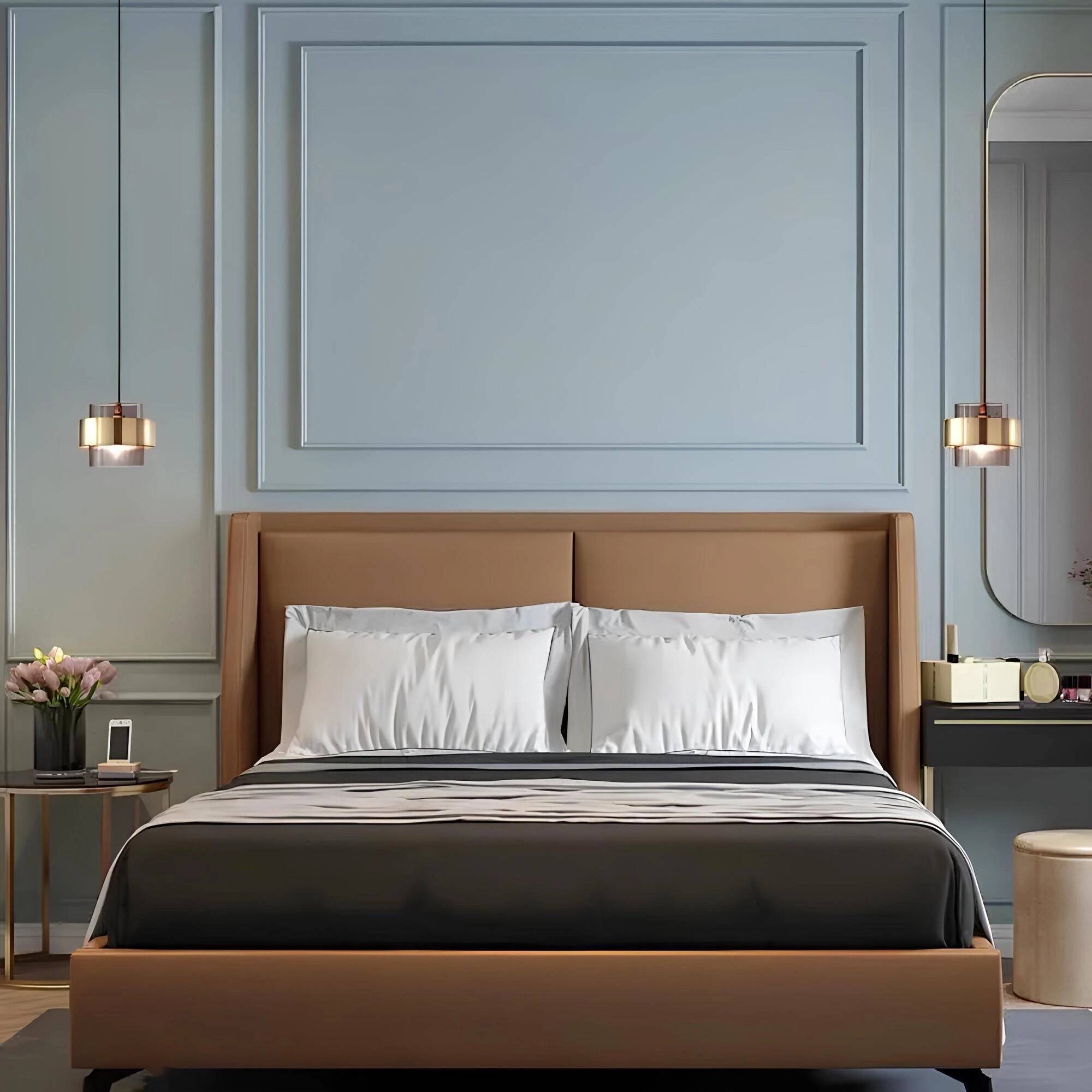 Elegant gold-brass pendant chandelier hanging from the ceiling, illuminating a cozy room with wooden furniture and a bed frame, showcasing an inviting interior design.