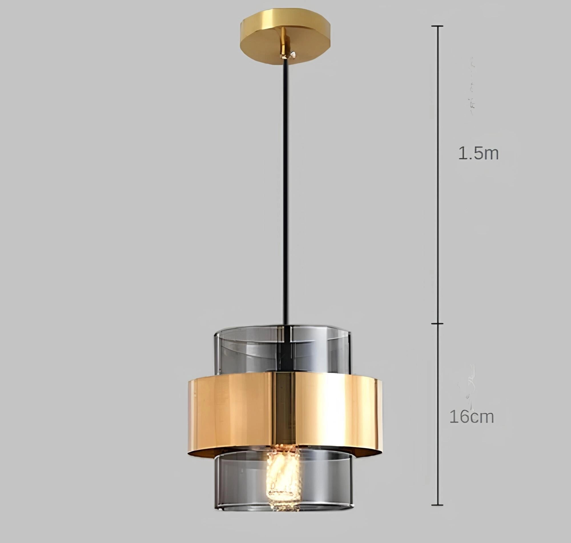 Elegant gold-brass pendant chandelier with adjustable ceiling light featuring a smoke gray shade, showcasing a cylindrical metal design that enhances modern interior decor.