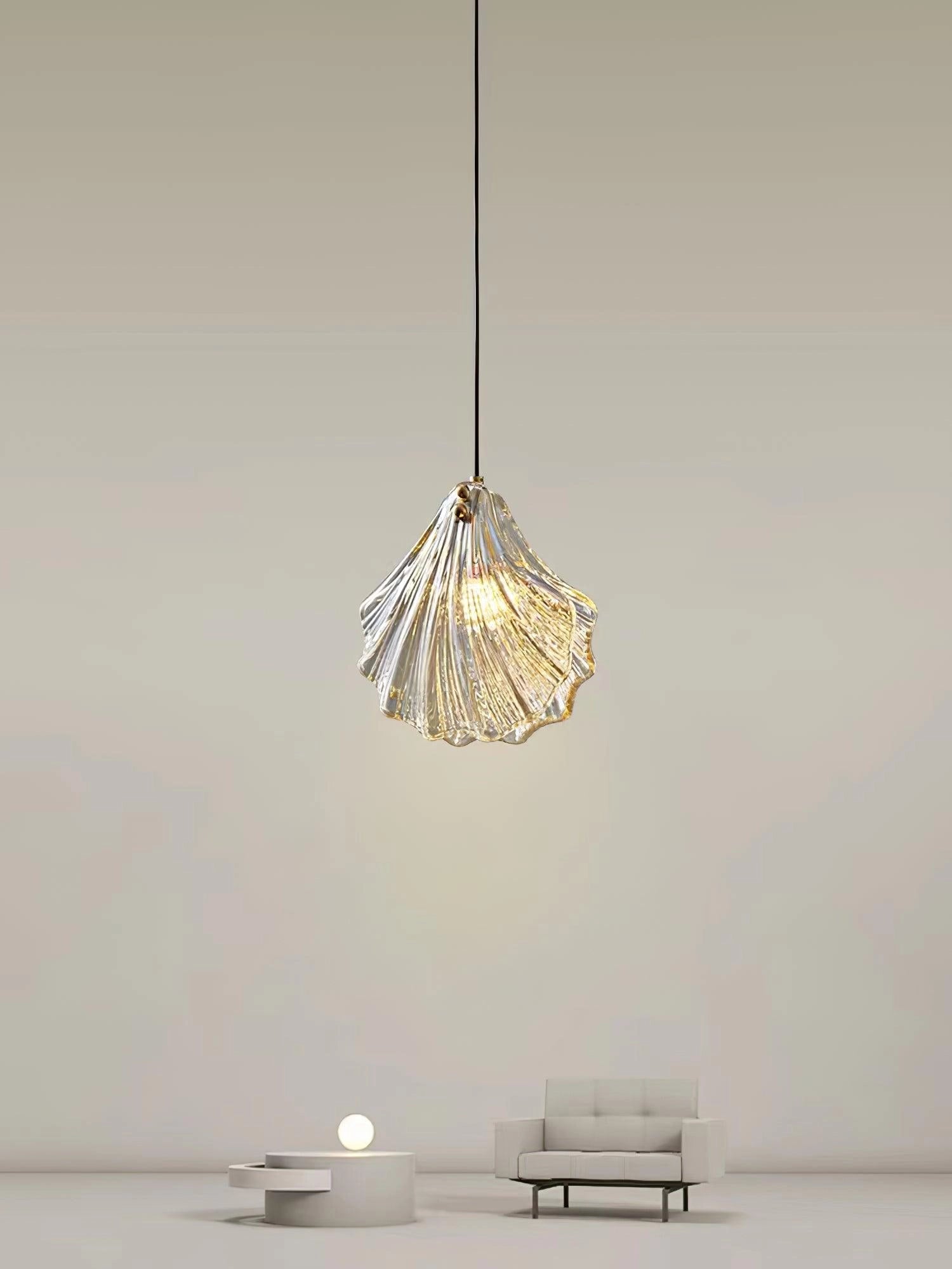 Elegant Petal Glass Pendant Light - Modern LED Floral Chandelier featuring a wooden base with glass petals, hanging from the ceiling.