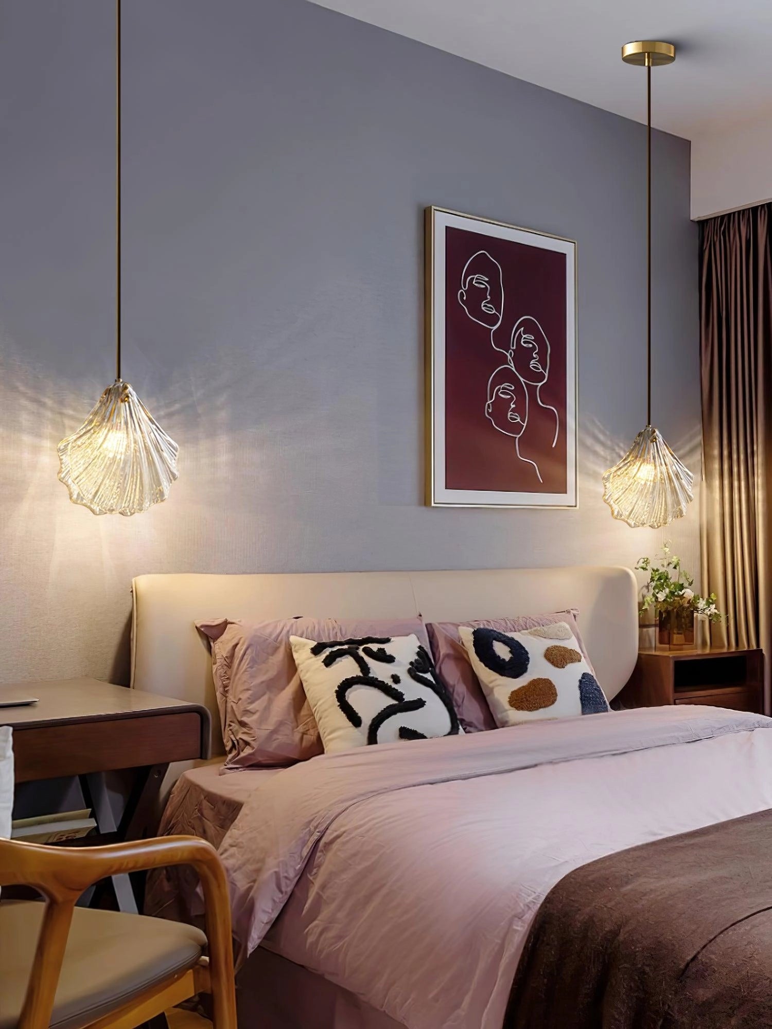 Modern LED floral chandelier with elegant petal-shaped glass pendant light, illuminating a stylishly furnished interior with wooden and textile elements.