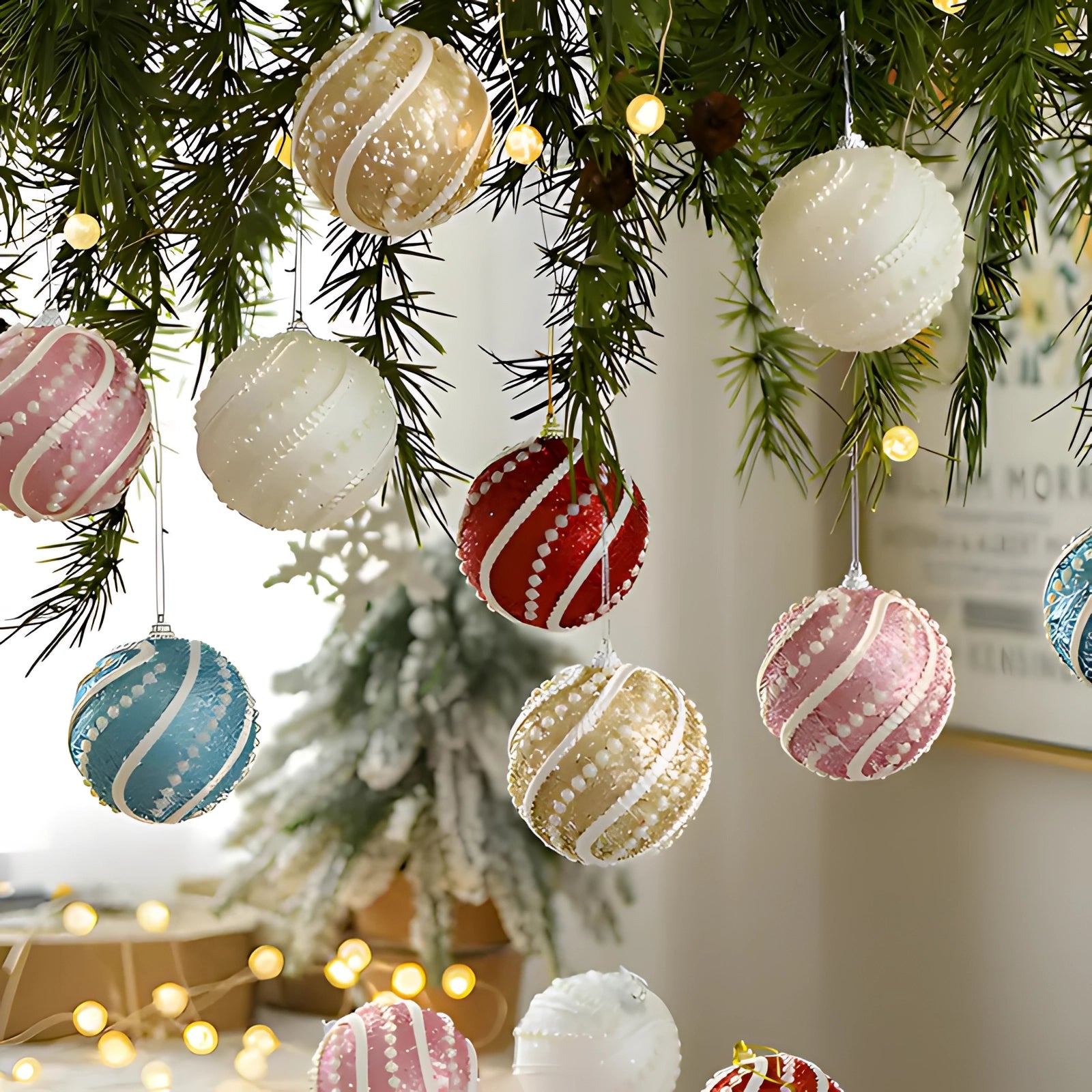 Elegant silver sequin Christmas ornament hanging on an evergreen branch, reflecting light and adding festive sparkle to the tree as part of holiday decor.