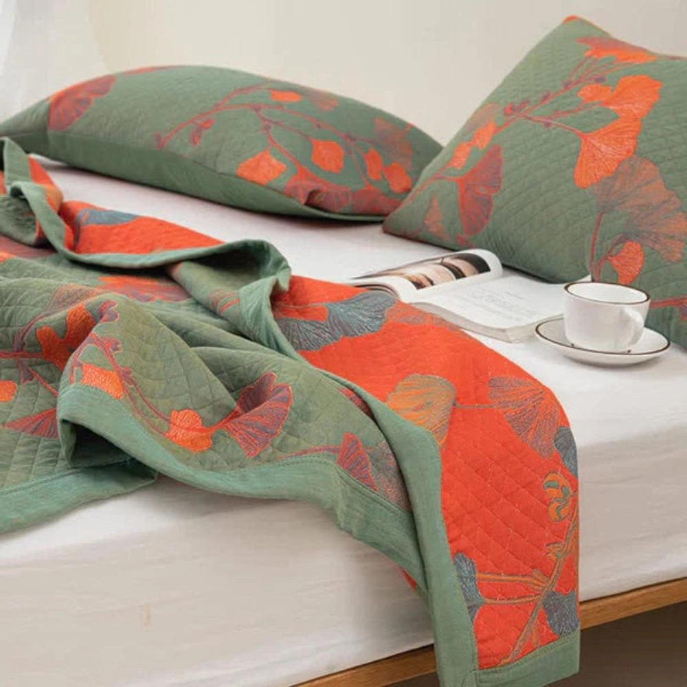 Embroidered Floral Fabric - Orange Flower & Green Design
