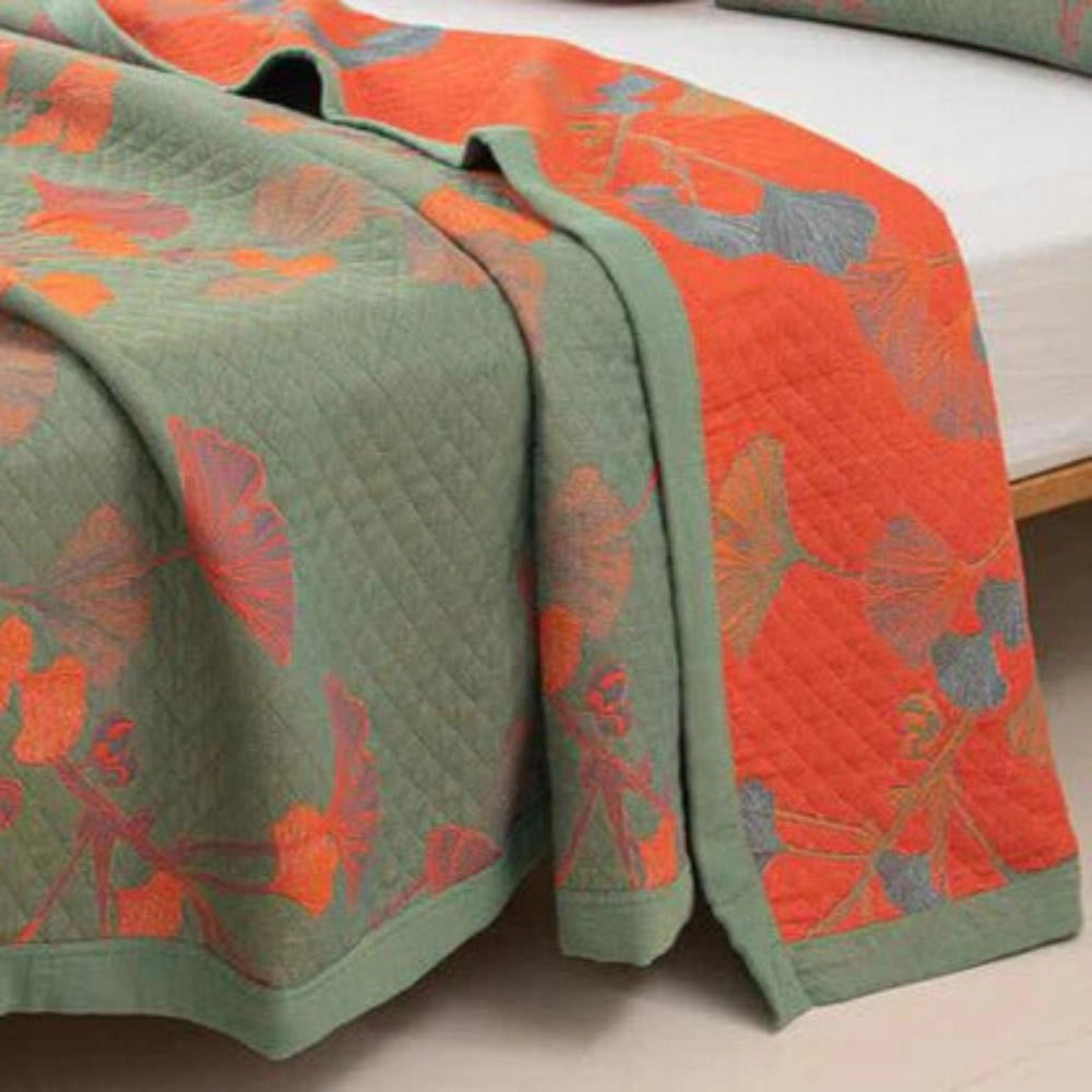 Embroidered Floral Fabric - Orange Flower & Green Design