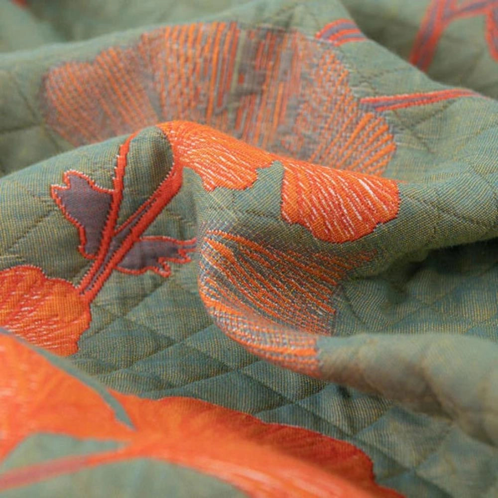 Embroidered Floral Fabric - Orange Flower & Green Design