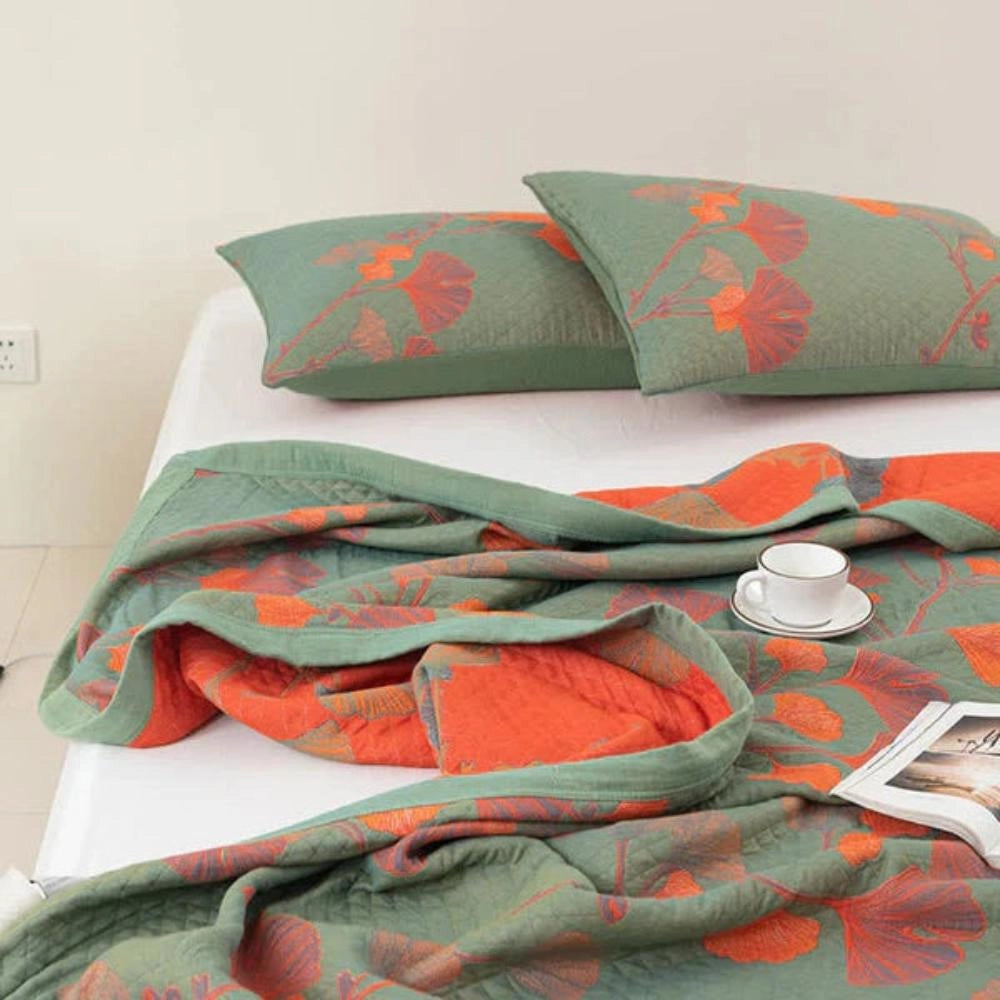 Embroidered Floral Fabric - Orange Flower & Green Design