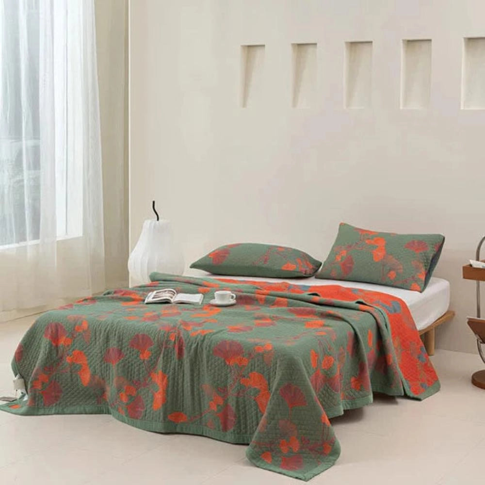 Embroidered Floral Fabric - Orange Flower & Green Design