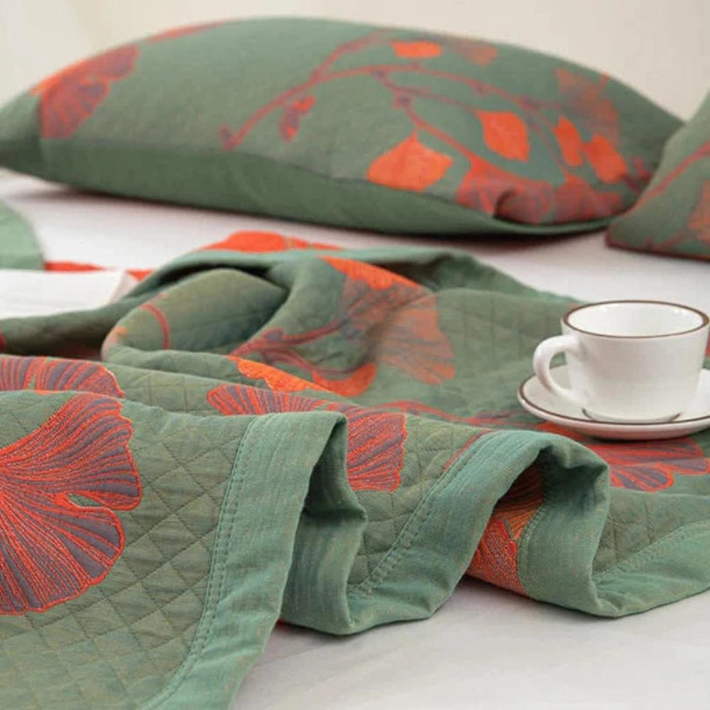 Embroidered Floral Fabric - Orange Flower & Green Design