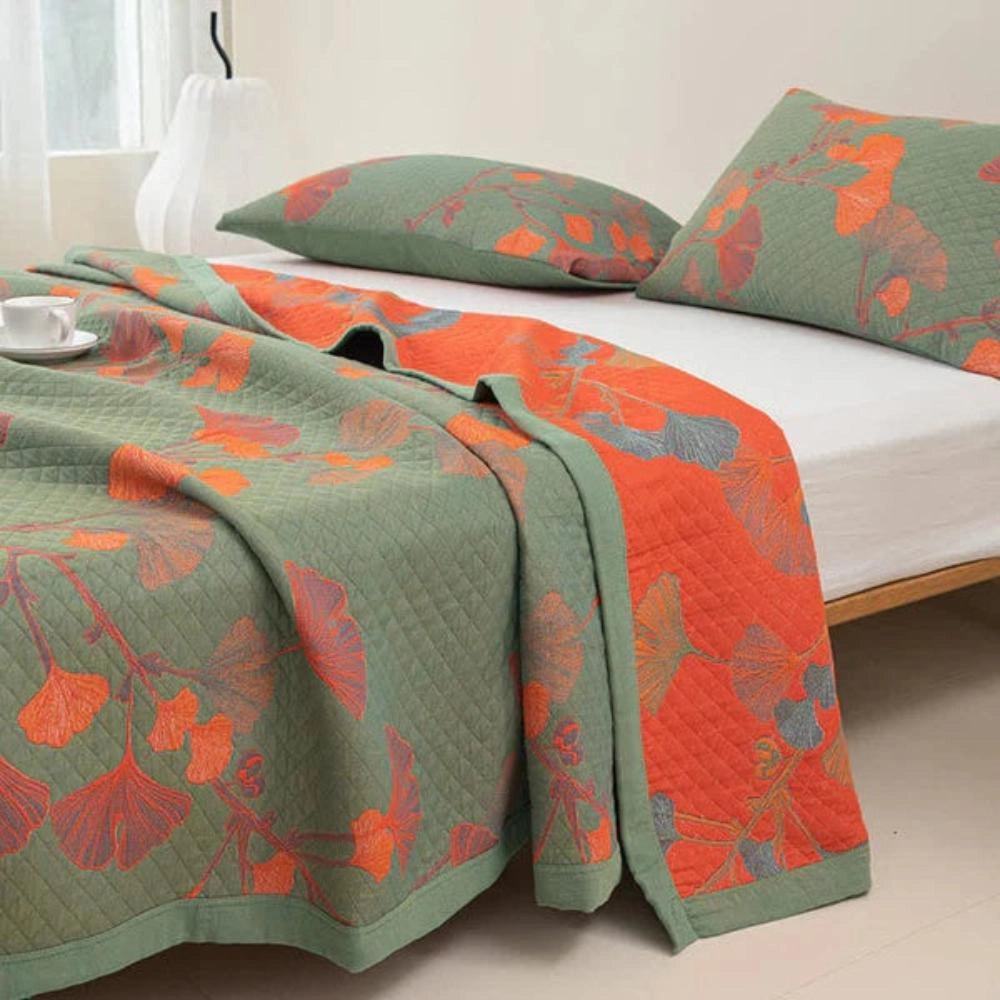 Embroidered Floral Fabric - Orange Flower & Green Design