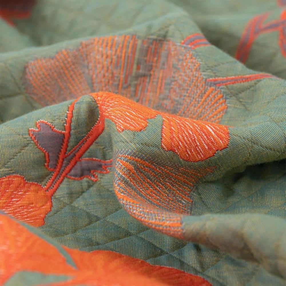 Embroidered Floral Fabric - Orange Flower & Green Design