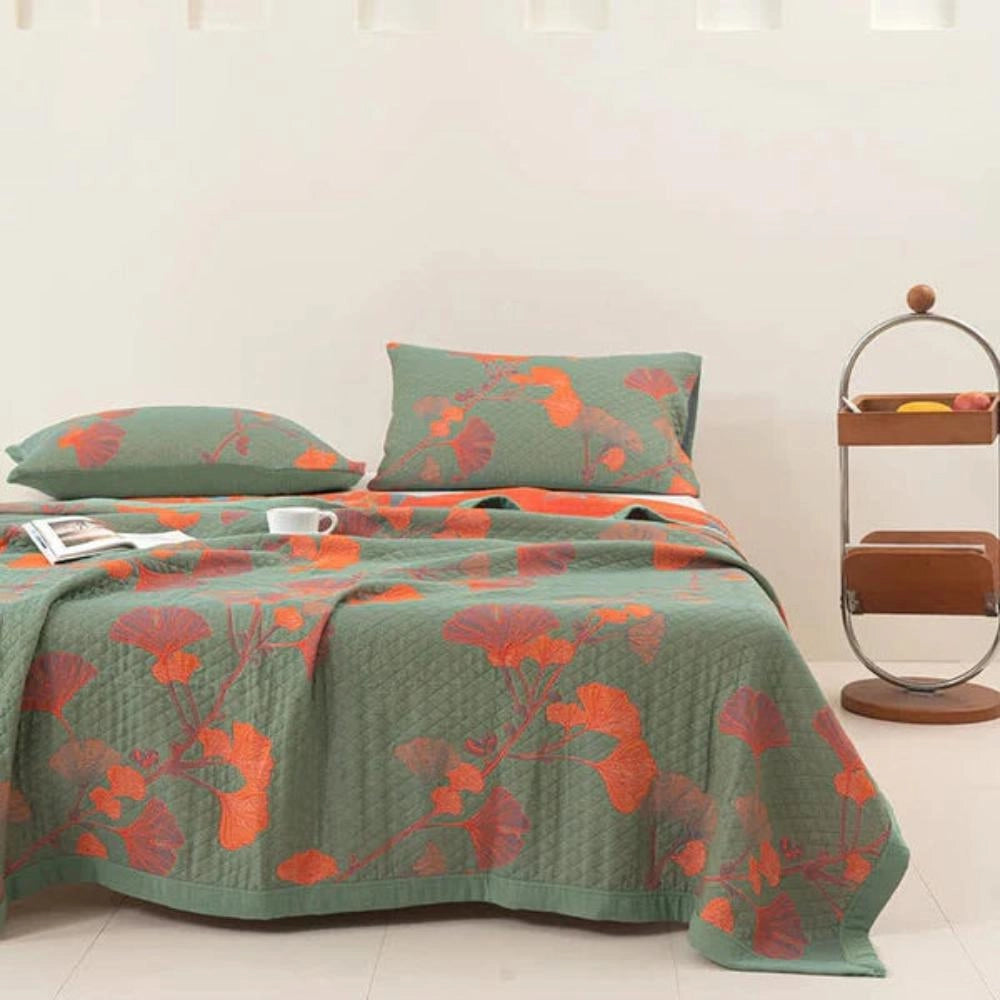 Embroidered Floral Fabric - Orange Flower & Green Design