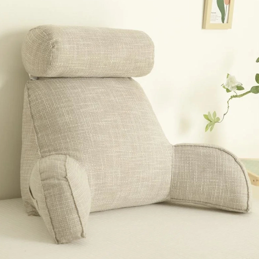 Ergonomic adjustable linen recliner chair in cream with arm support, featuring a comfortable beige textile upholstery and wooden accents, designed with a rectangular shape and armrests for added support.