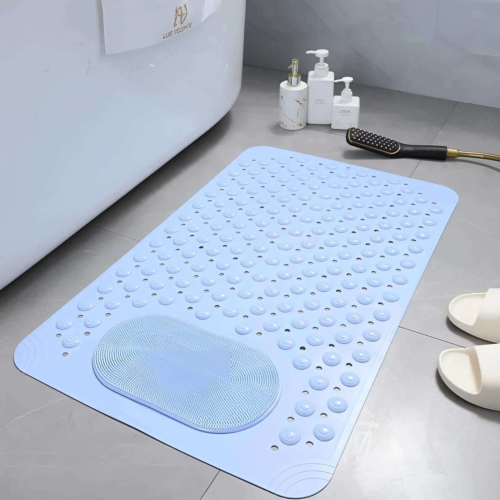Extra large non-slip shower mat in blue, sized 60x90cm, with a rectangular shape, designed for quick drying and antibacterial properties to enhance safety in the bathroom.