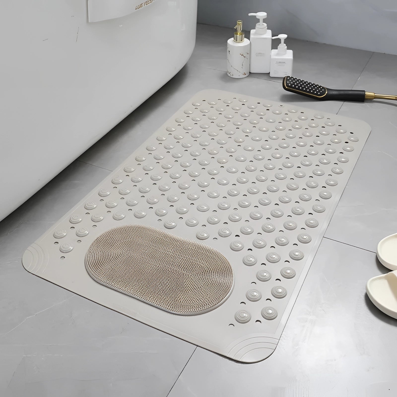 Extra large non-slip shower mat in brown with dimensions 60x90cm, featuring a rectangular shape designed for safety with quick-drying and antibacterial properties, suitable for bathroom flooring.