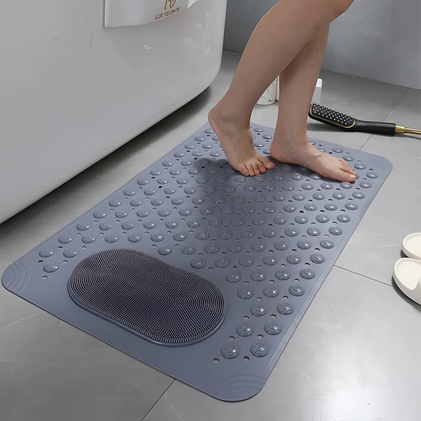 Extra large grey non-slip shower mat designed for safety and comfort, shown on a bathroom floor, featuring a quick-dry and antibacterial surface.