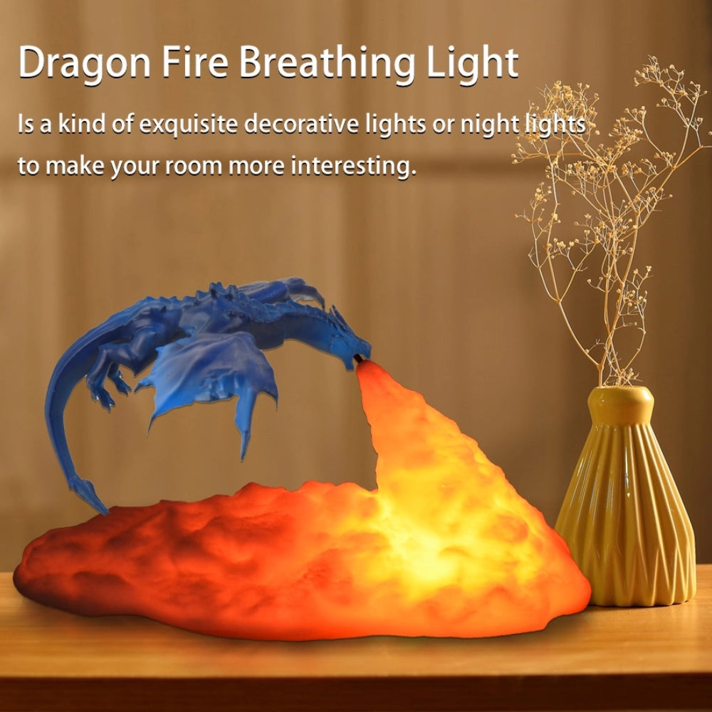 Fantasy LED Dragon Lamp emitting a warm orange glow, placed on a wooden surface, enhancing room decor with its artistic design and electric blue accents.