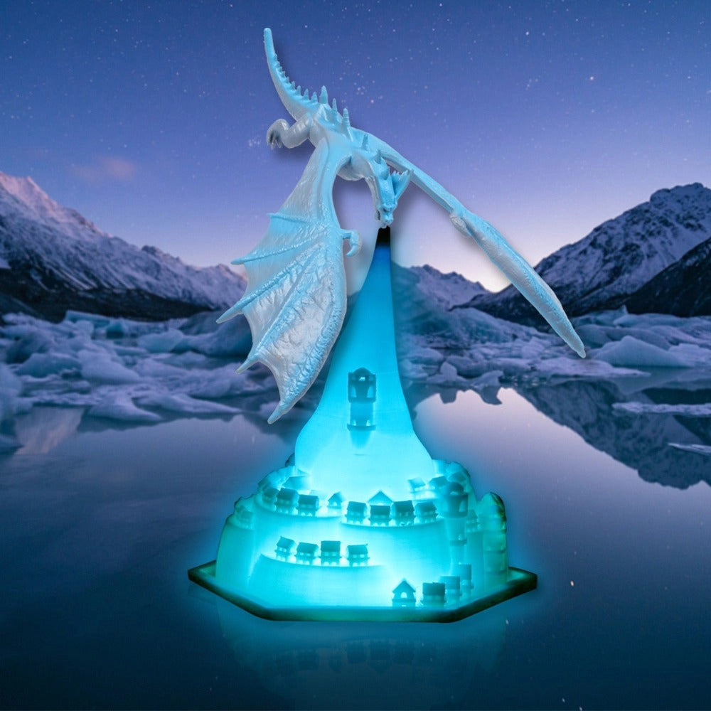 A captivating blue ice dragon-themed LED lamp glowing with an electric blue hue, set against a mystical backdrop of snowy mountains and a serene icy landscape, evoking a sense of fantasy and enchantment.