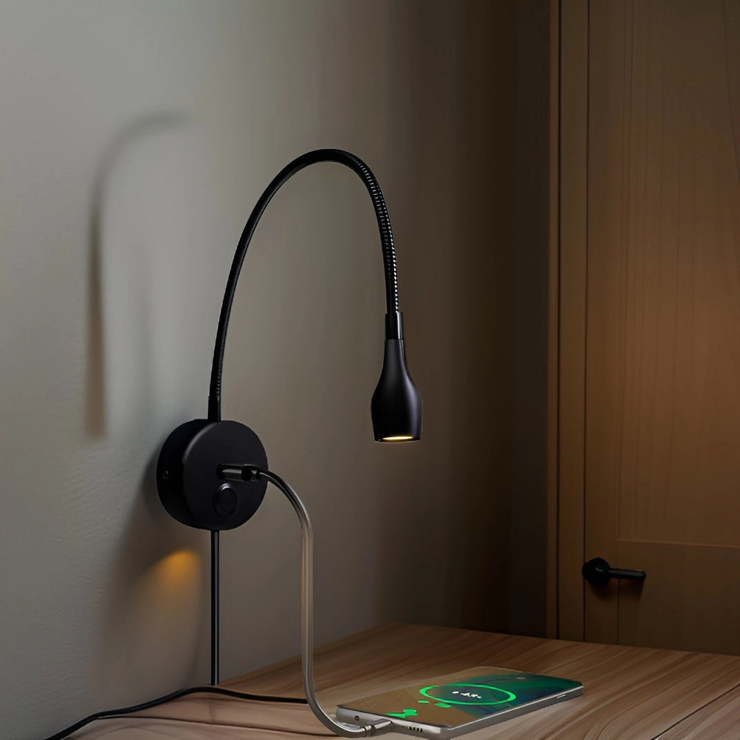 Flexible wall-mounted LED reading light with touch control attached to a wooden surface, featuring a sleek design with visible wires and cables.