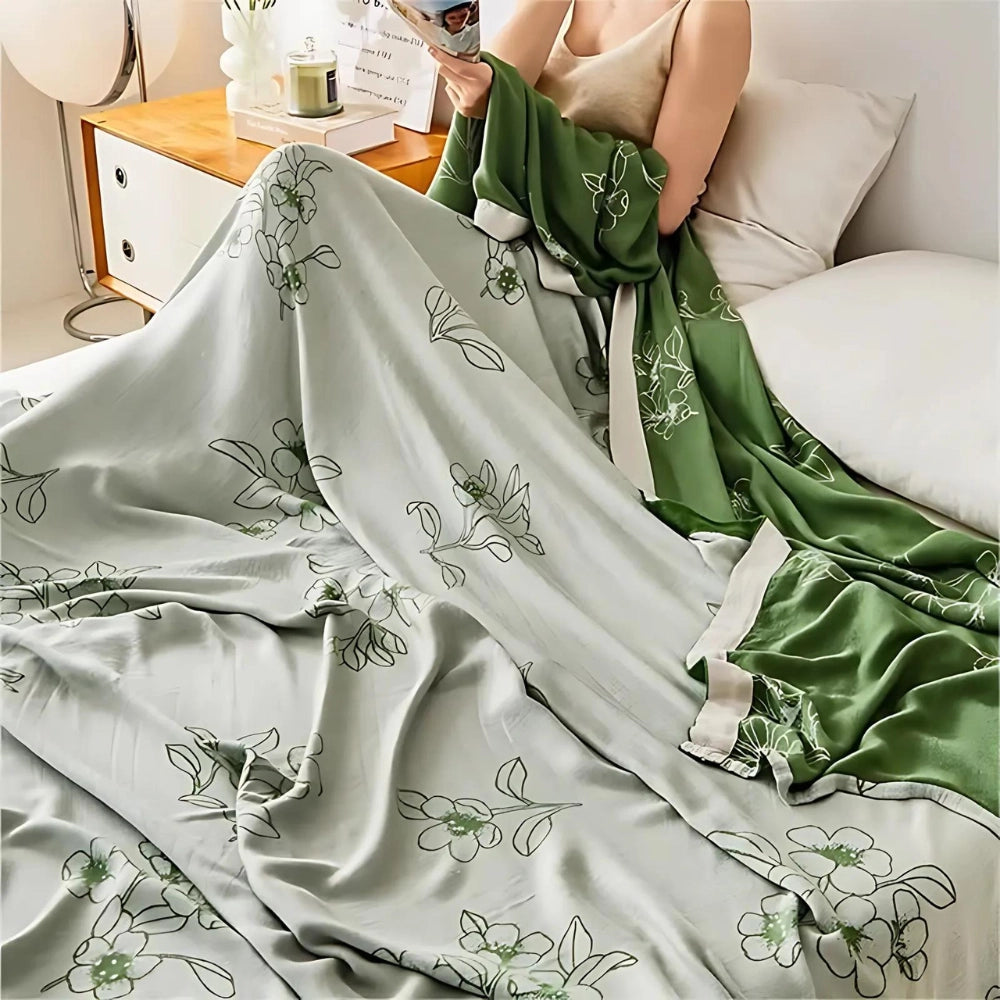 Luxurious green botanical floral bedding set featuring a duvet and satin sheets, designed with a stylish pattern for ultimate comfort and elegance.