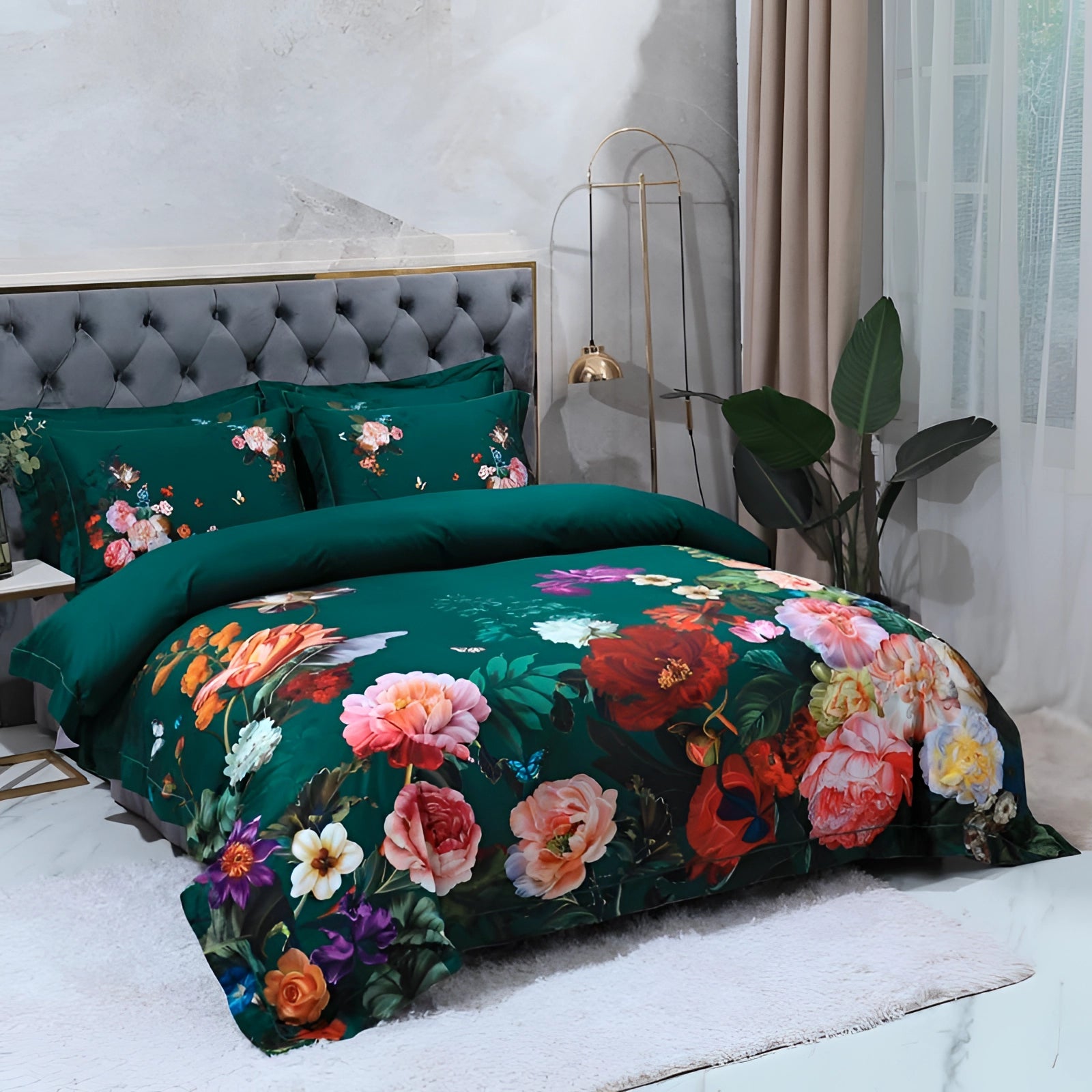 King-size floral bedding set featuring a luxurious botanical duvet and vibrant flower bedspread, displayed in a well-designed bedroom interior with a comfortable bed adorned with pillows and a decorative bed frame.