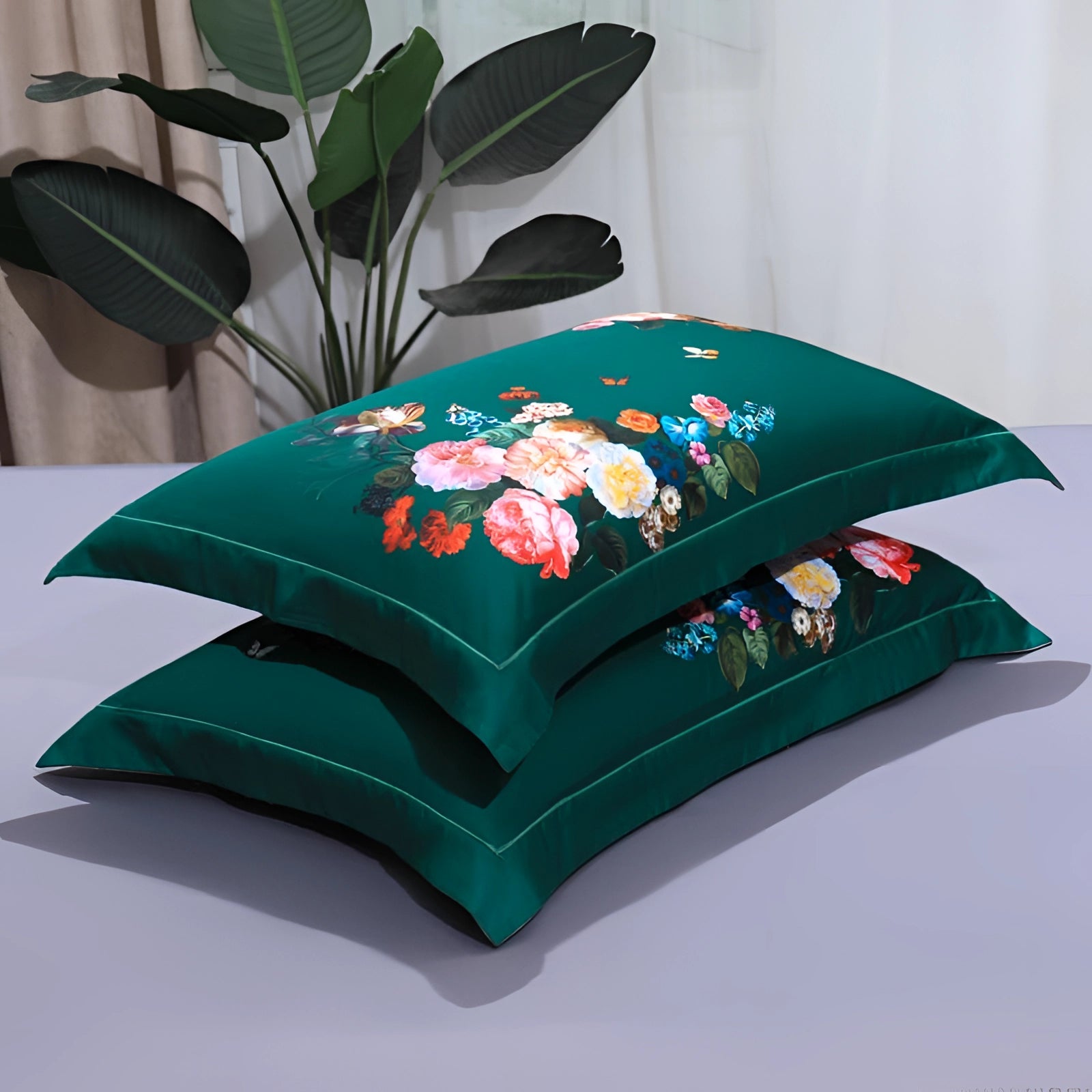 Luxurious botanical duvet and vibrant flower bedspread featuring a colorful floral pattern with detailed leaves and plant designs.