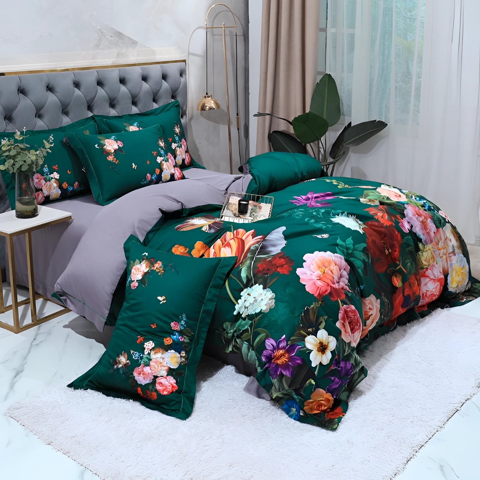Luxurious floral bedding set featuring a botanical duvet cover and a vibrant flower bedspread in a soothing aqua color. The set includes soft pillows and is designed for comfort and style, perfect for adding decorative flair to your bedroom furniture.