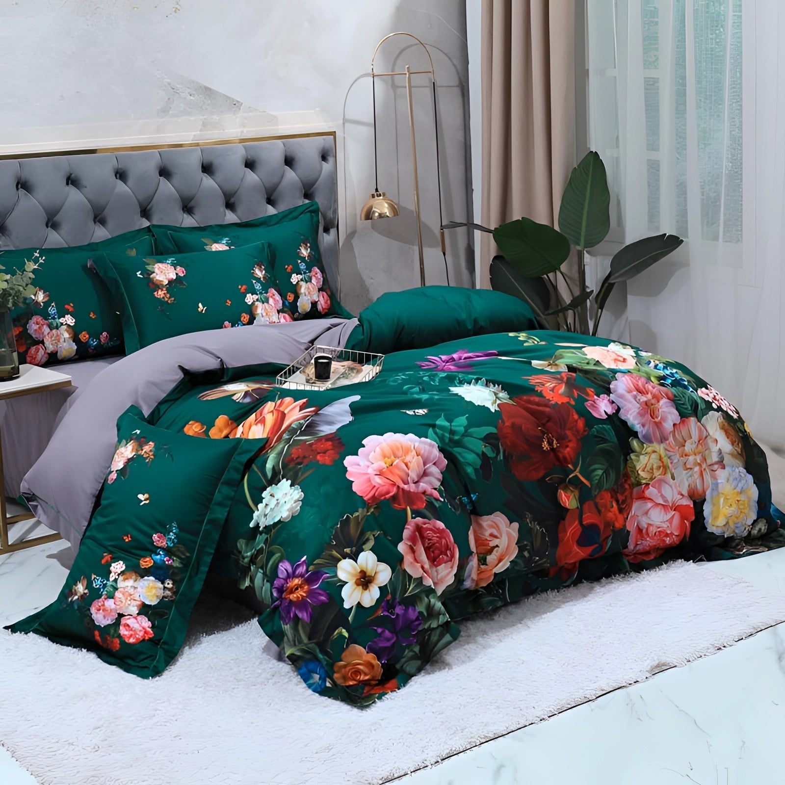 Luxurious botanical floral bedding set featuring a vibrant flower-patterned duvet and bedspread, displayed on a bed with plush pillows and a sturdy bed frame, creating a comfortable and inviting bedroom setting.