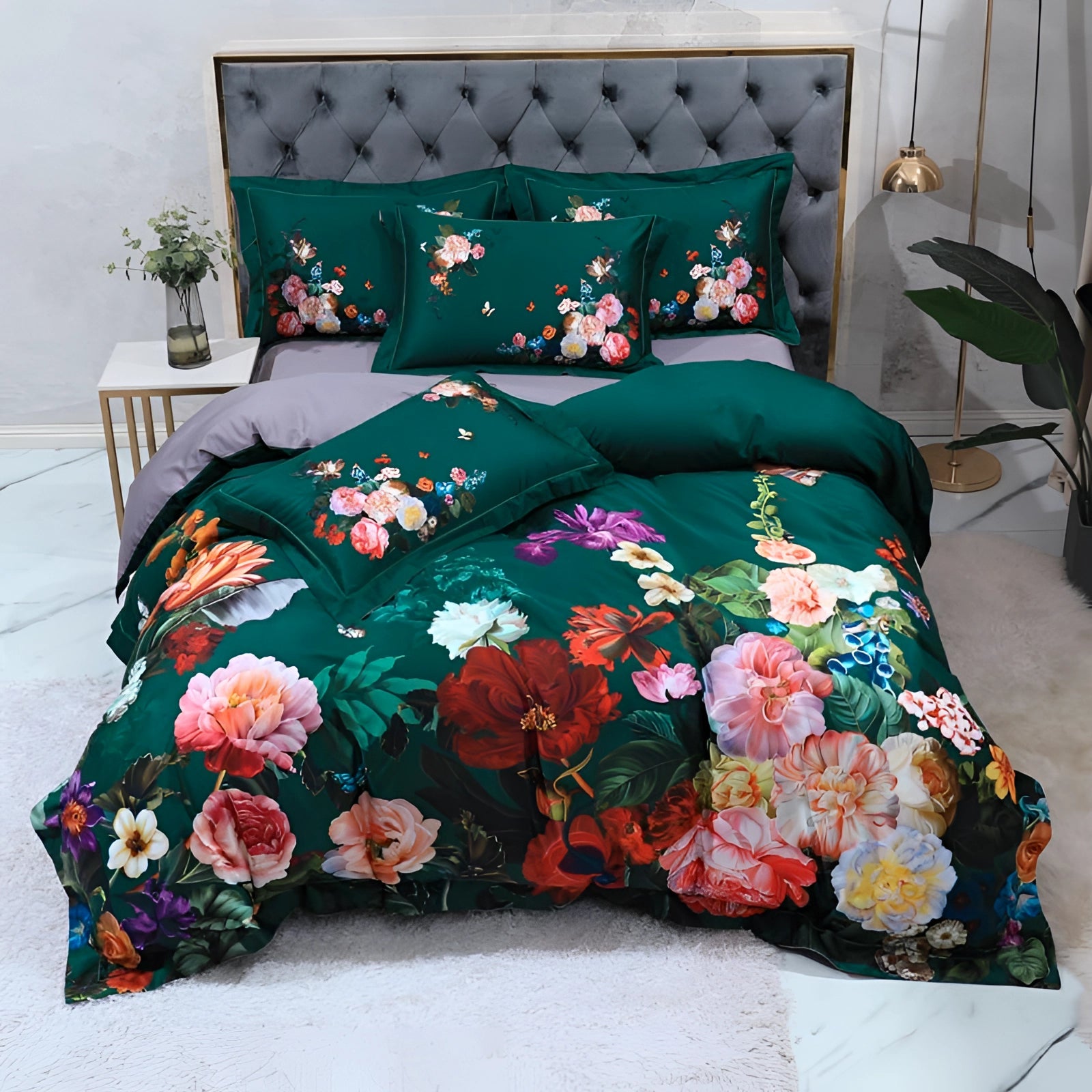 Luxurious floral bedding set featuring a vibrant botanical duvet and bedspread with intricate flower and plant patterns in shades of green, blue, and aqua, designed for comfort and creative style in a rectangular layout.