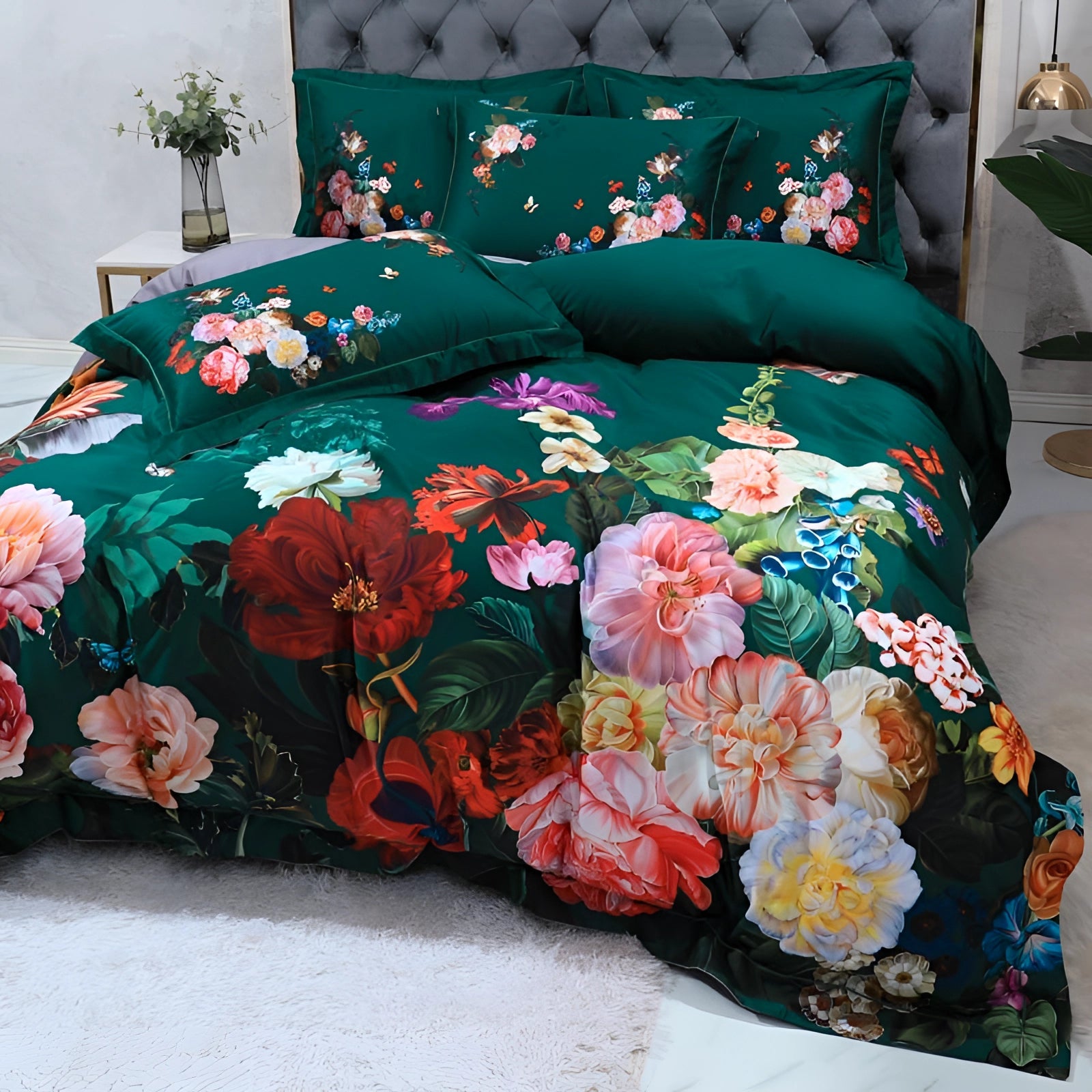 Floral bedding set in queen size featuring a botanical duvet and vibrant flower bedspread, showcased on a bed with complementary pillows, highlighting an orange and floral pattern.