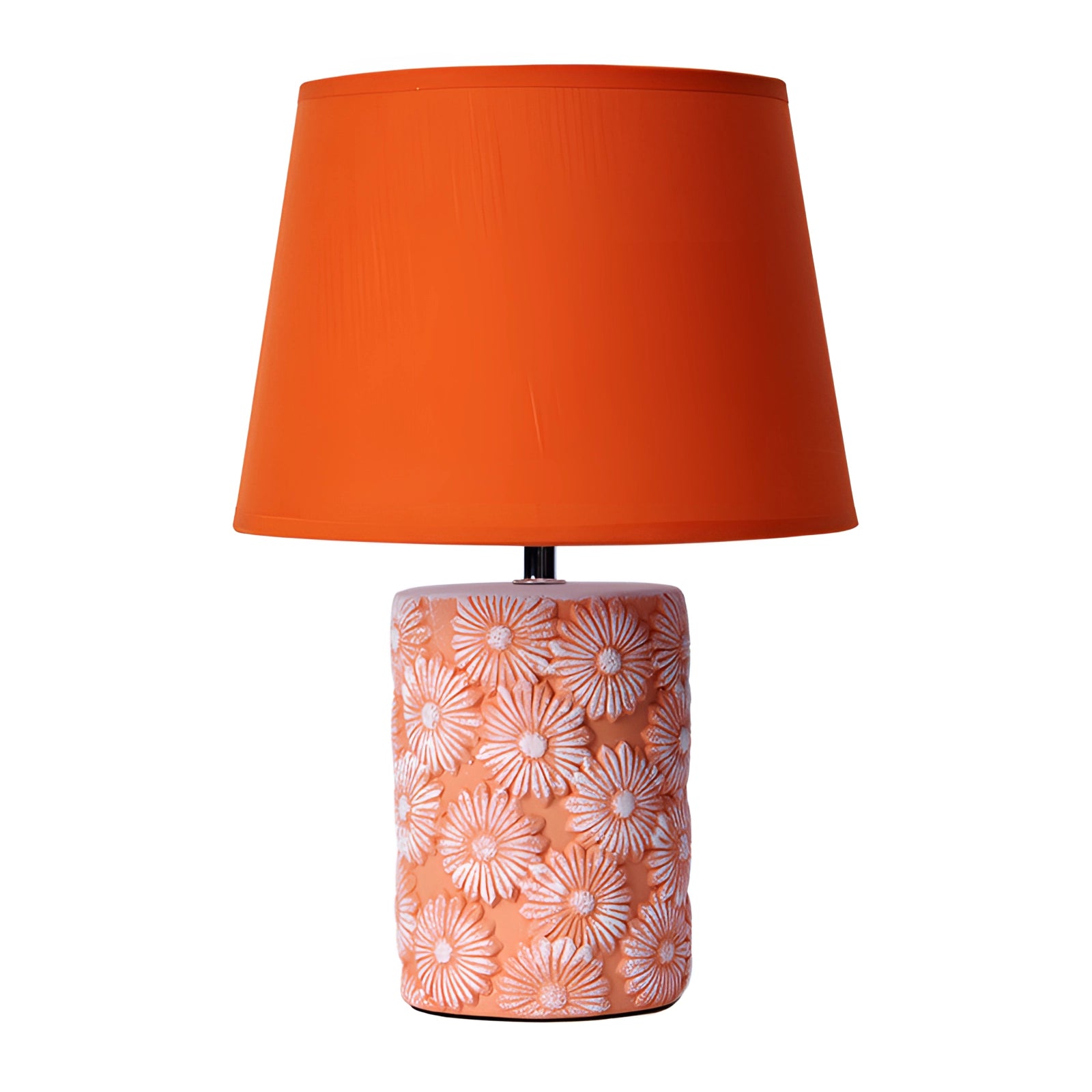 Floral ceramic table lamp featuring a sunflower base, with a lampshade in soft peach tones, designed as an artisan bedroom lighting piece.