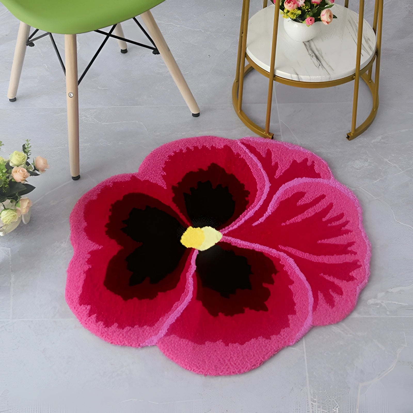 Pink floral hibiscus rug featuring vibrant tropical flower design with colorful petals, adding a lively touch to living room decor.